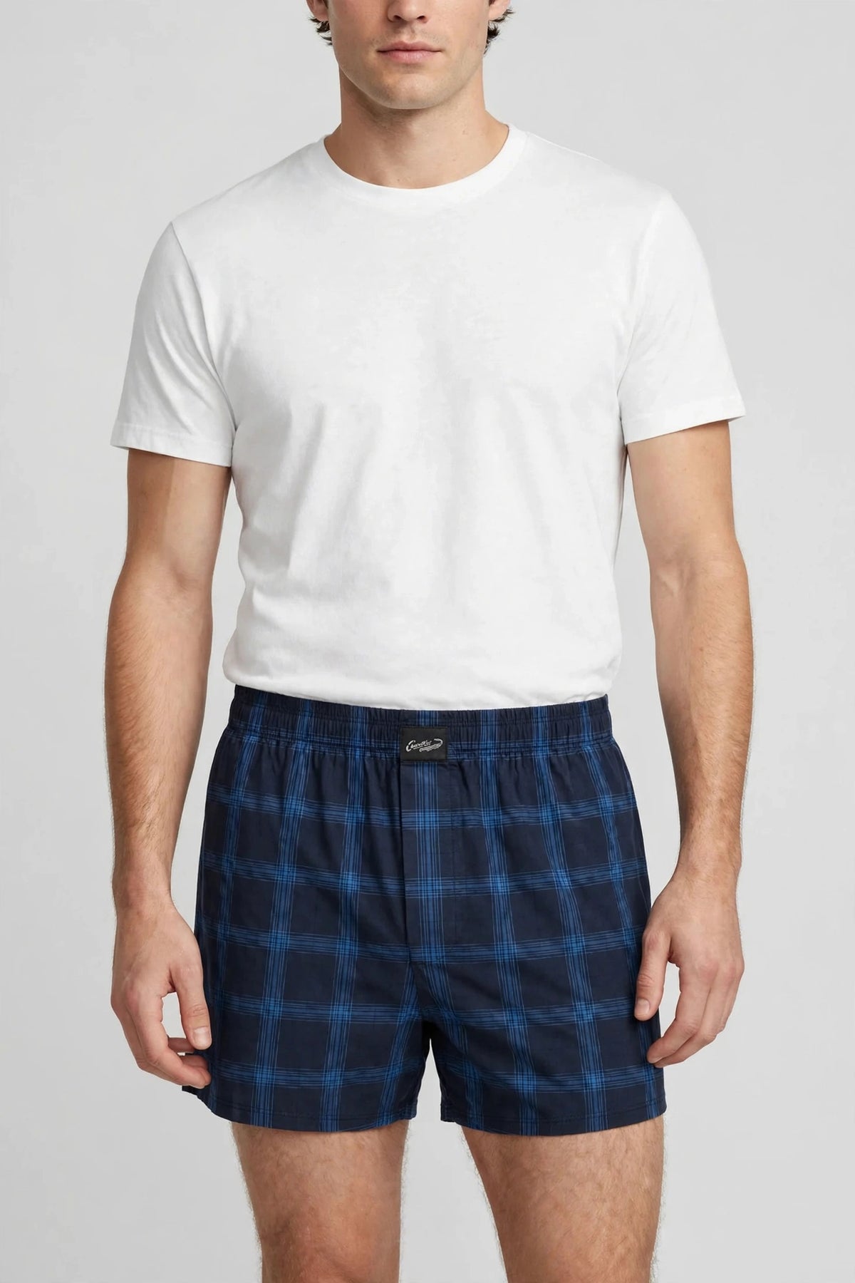 Men’s Dark Navy Blue & Blue Checked Cotton Shorts with Elastic Waistband & Side Pockets