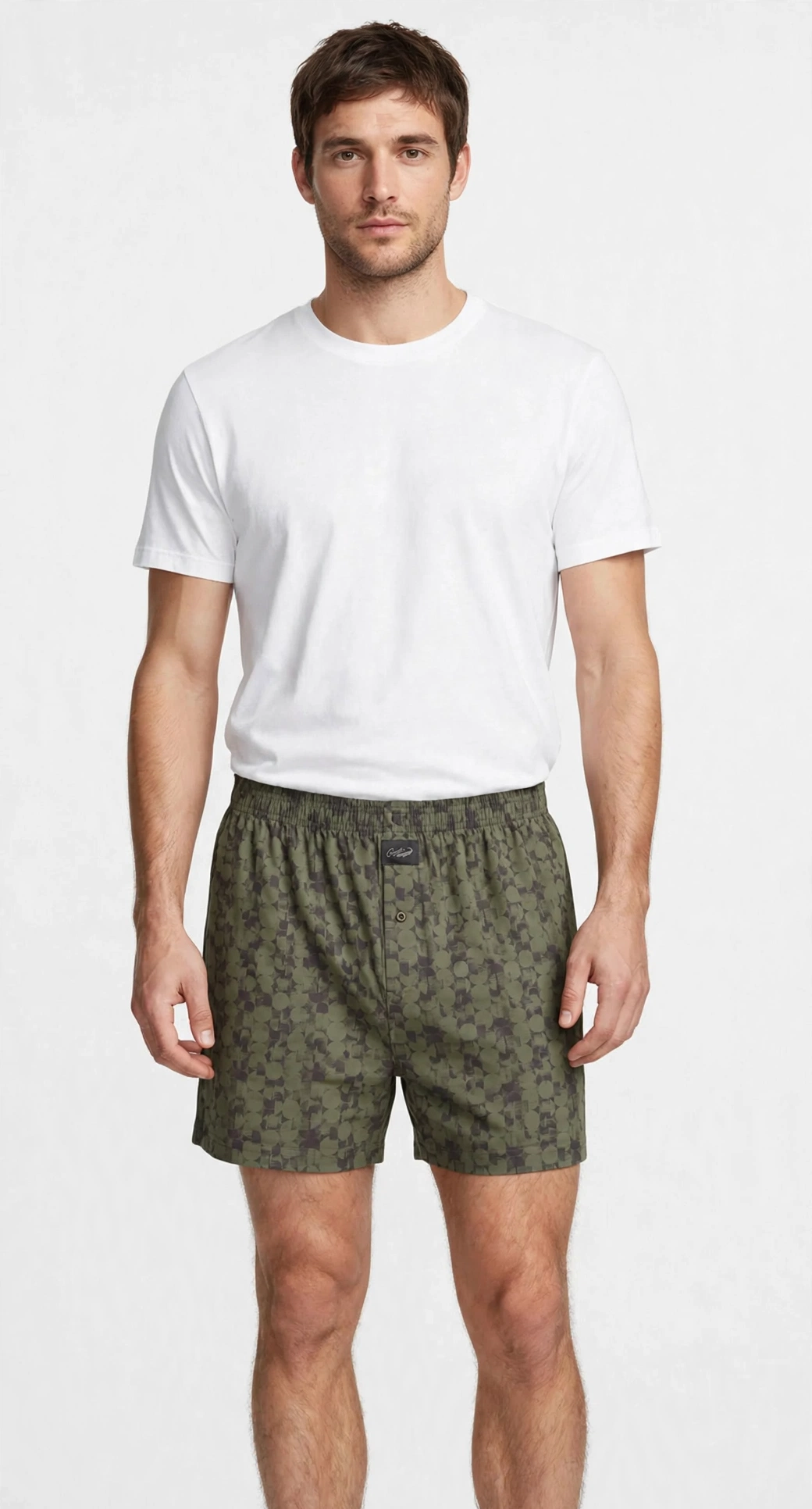 Men’s Olive Green Abstract Geometric Printed Cotton Shorts with Elastic Waistband & Side Pockets