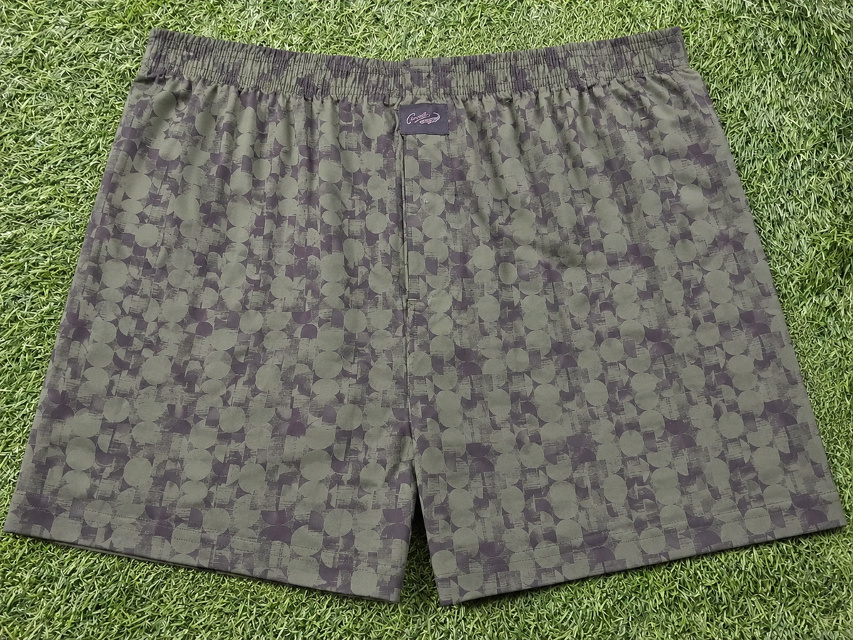 Men’s Olive Green Abstract Geometric Printed Cotton Shorts with Elastic Waistband & Side Pockets
