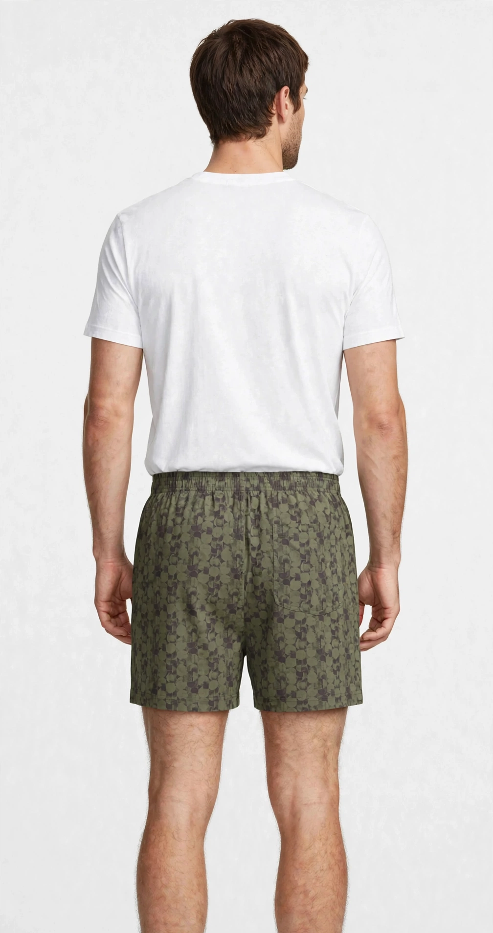 Men’s Olive Green Abstract Geometric Printed Cotton Shorts with Elastic Waistband & Side Pockets