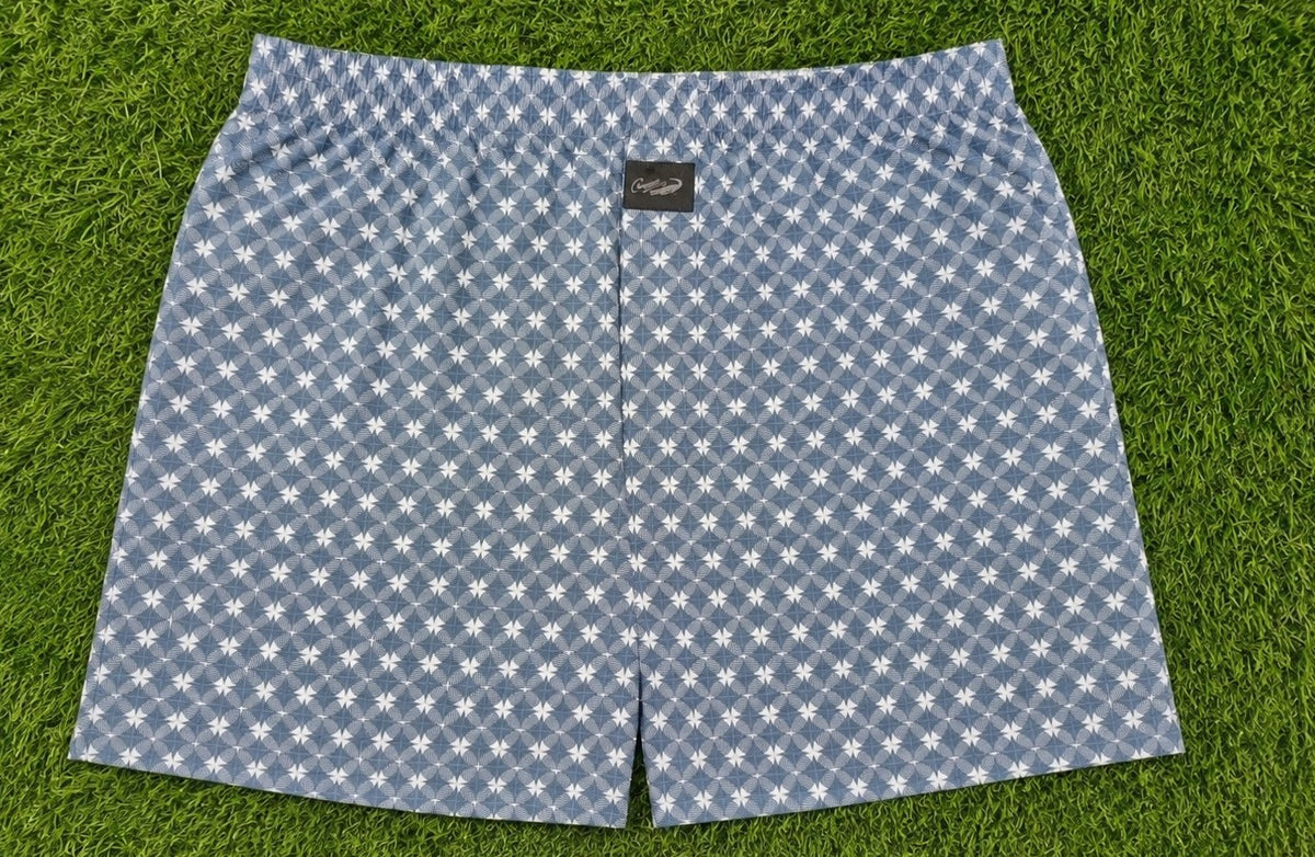 Men’s Off-White & Slate Blue Geometric Printed Cotton Shorts with Elastic Waistband & Side Pockets