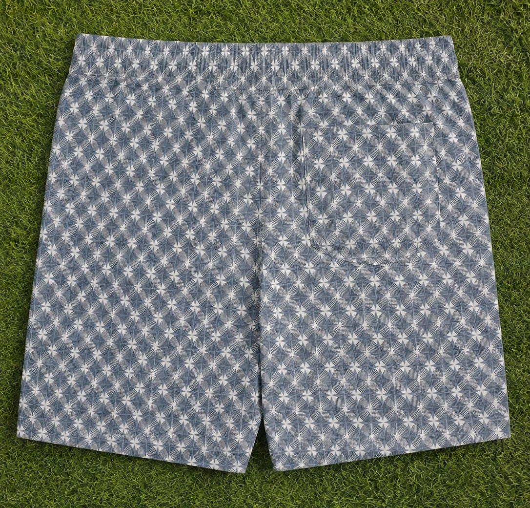 Men’s Off-White & Slate Blue Geometric Printed Cotton Shorts with Elastic Waistband & Side Pockets
