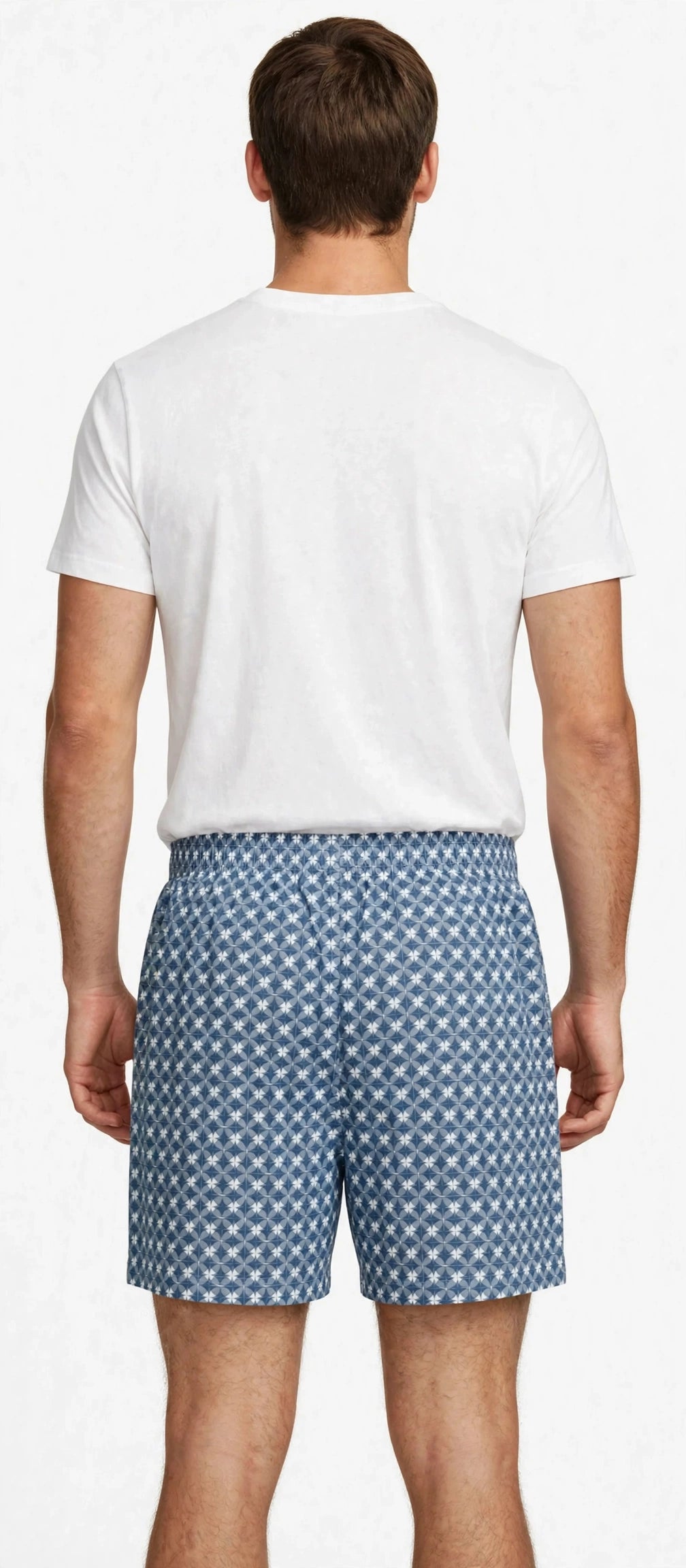 Men’s Off-White & Slate Blue Geometric Printed Cotton Shorts with Elastic Waistband & Side Pockets