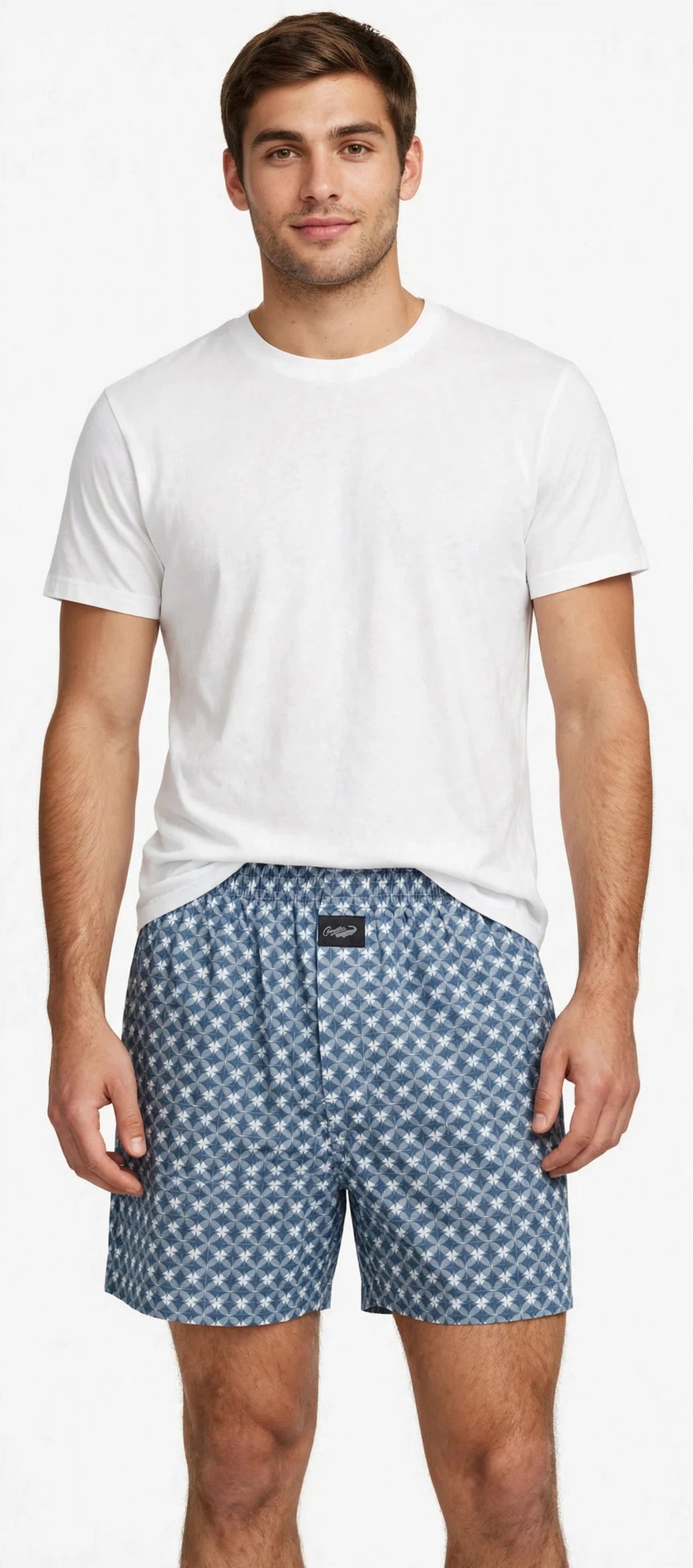 Men’s Off-White & Slate Blue Geometric Printed Cotton Shorts with Elastic Waistband & Side Pockets