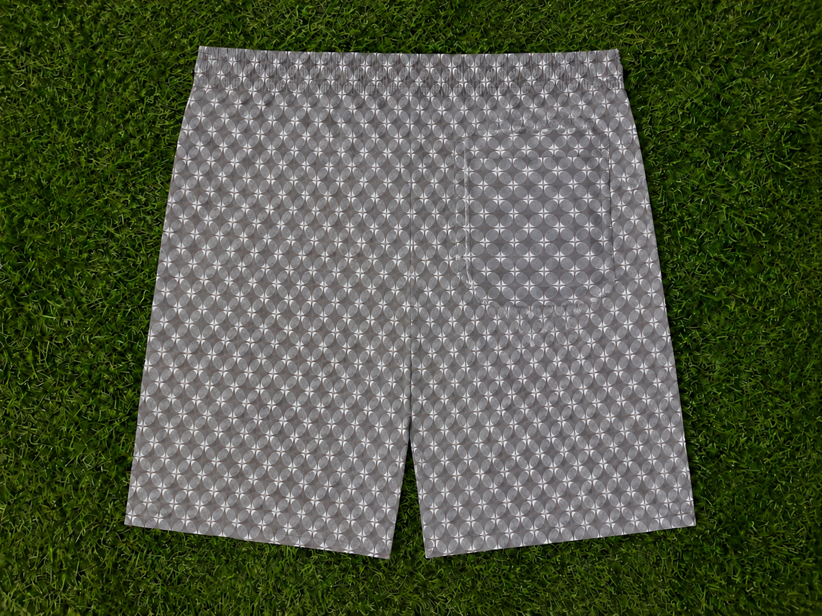 Men’s Off-White & Charcoal Grey Geometric Printed Cotton Shorts with Elastic Waistband & Side Pockets