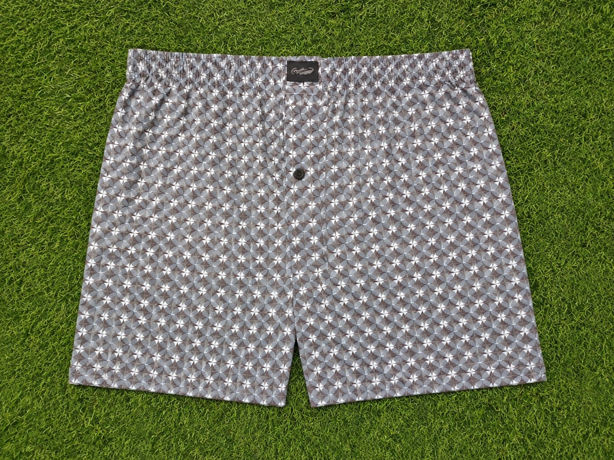 Men’s Off-White & Charcoal Grey Geometric Printed Cotton Shorts with Elastic Waistband & Side Pockets