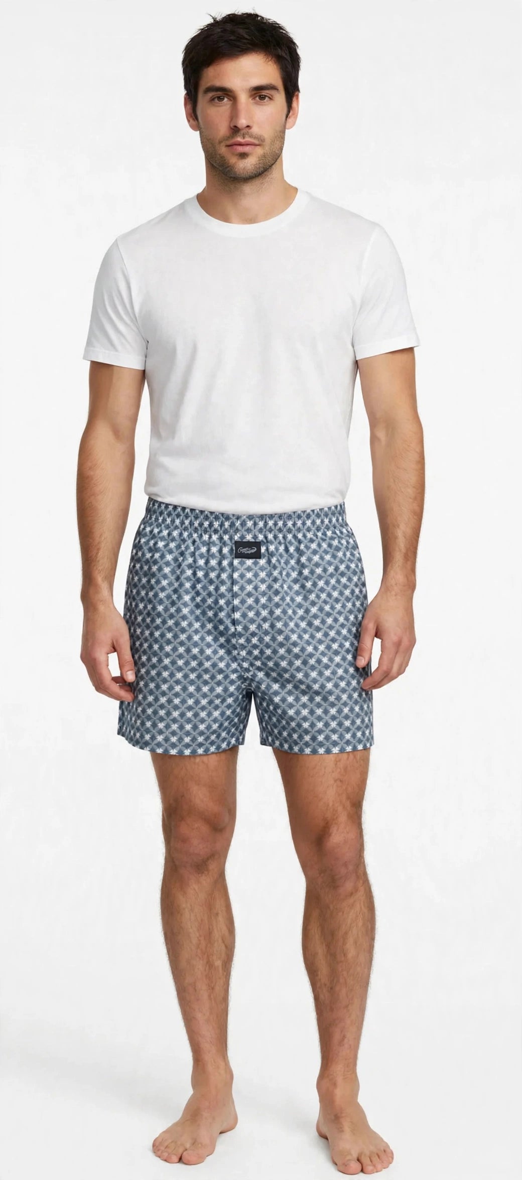Men’s Off-White & Charcoal Grey Geometric Printed Cotton Shorts with Elastic Waistband & Side Pockets