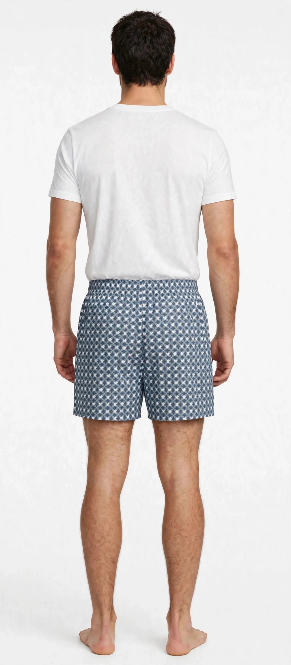 Men’s Off-White & Charcoal Grey Geometric Printed Cotton Shorts with Elastic Waistband & Side Pockets