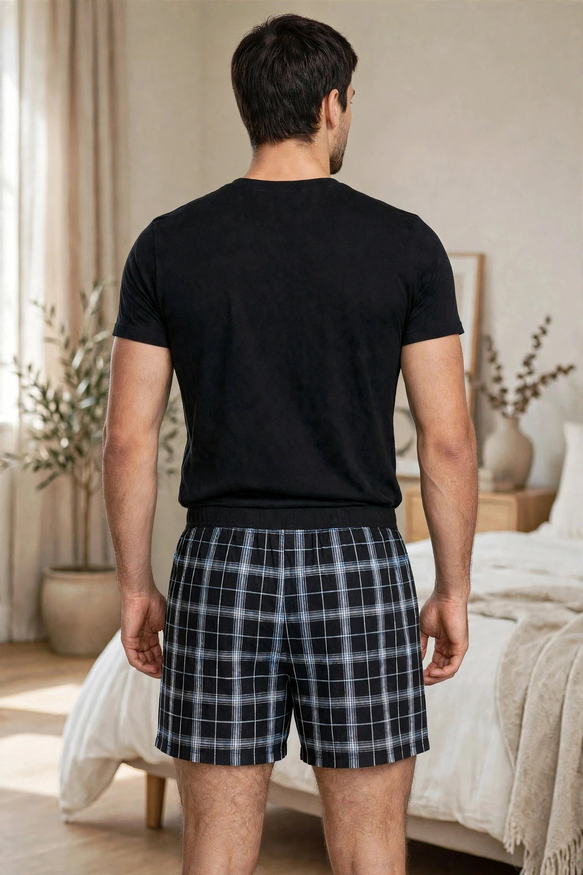 Men’s Black & White Abstract Printed Cotton Shorts with Elastic Waistband & Side Pockets