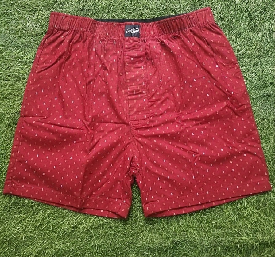 Men’s Maroon Mini Geometric Printed Cotton Shorts with Elastic Waistband & Side Pockets