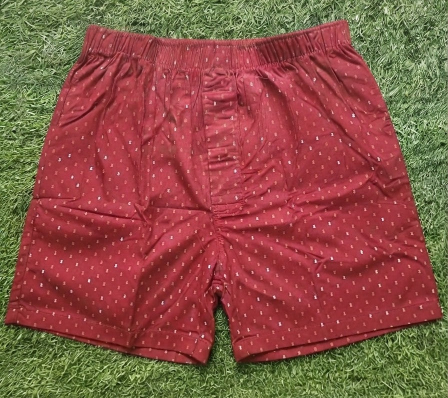 Men’s Maroon Mini Geometric Printed Cotton Shorts with Elastic Waistband & Side Pockets