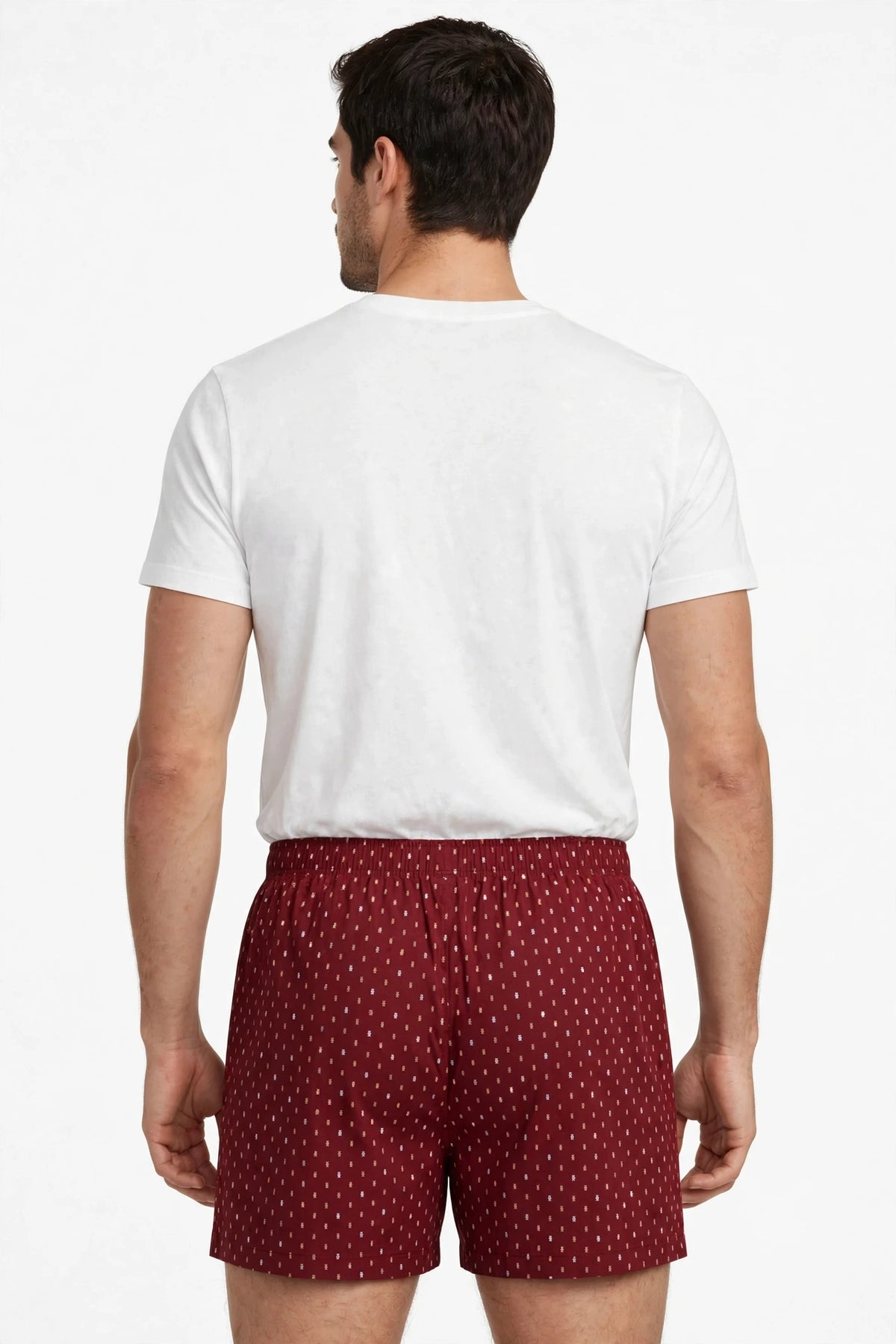 Men’s Maroon Mini Geometric Printed Cotton Shorts with Elastic Waistband & Side Pockets