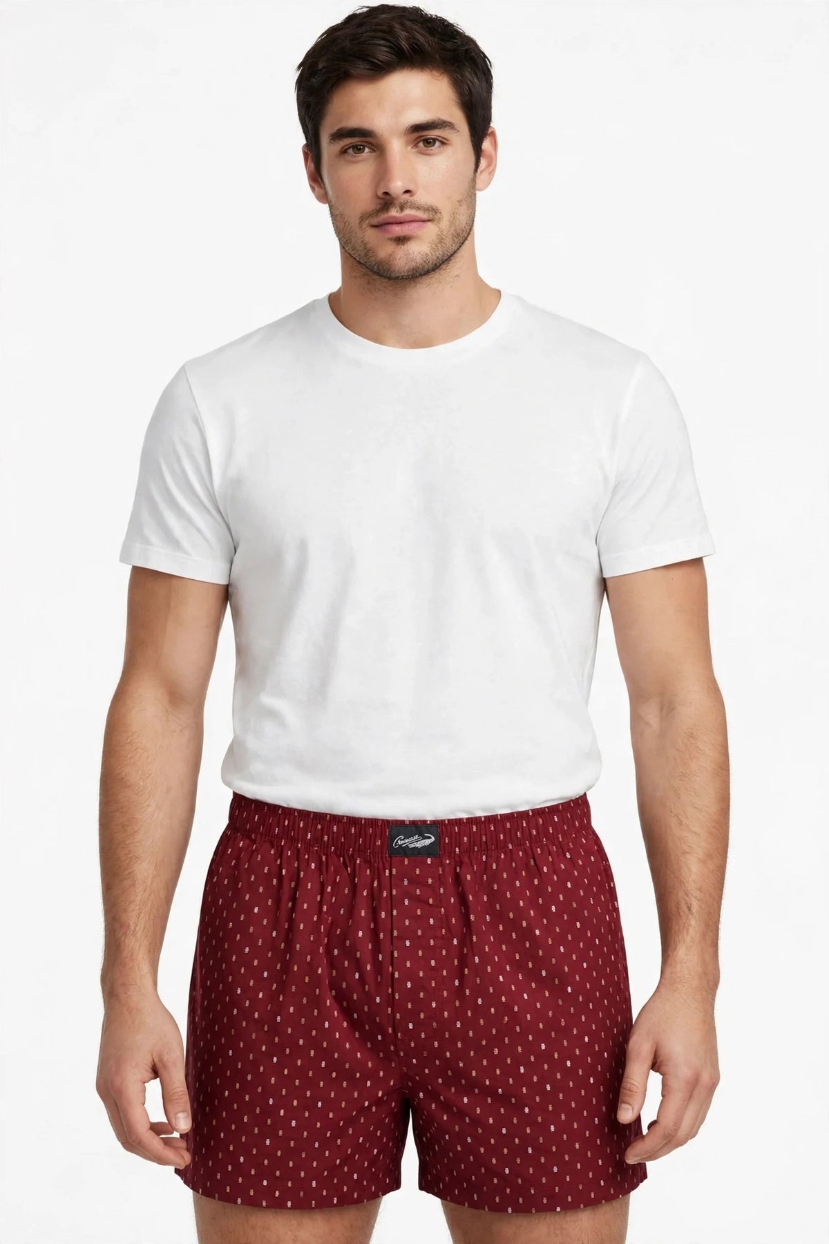 Men’s Maroon Mini Geometric Printed Cotton Shorts with Elastic Waistband & Side Pockets