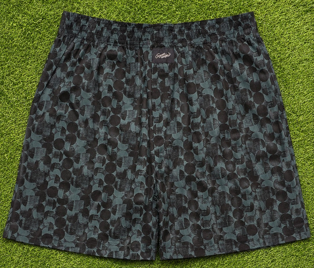 Men’s Sage Green & Dark Charcoal Abstract Printed Cotton Shorts with Elastic Waistband & Side Pockets
