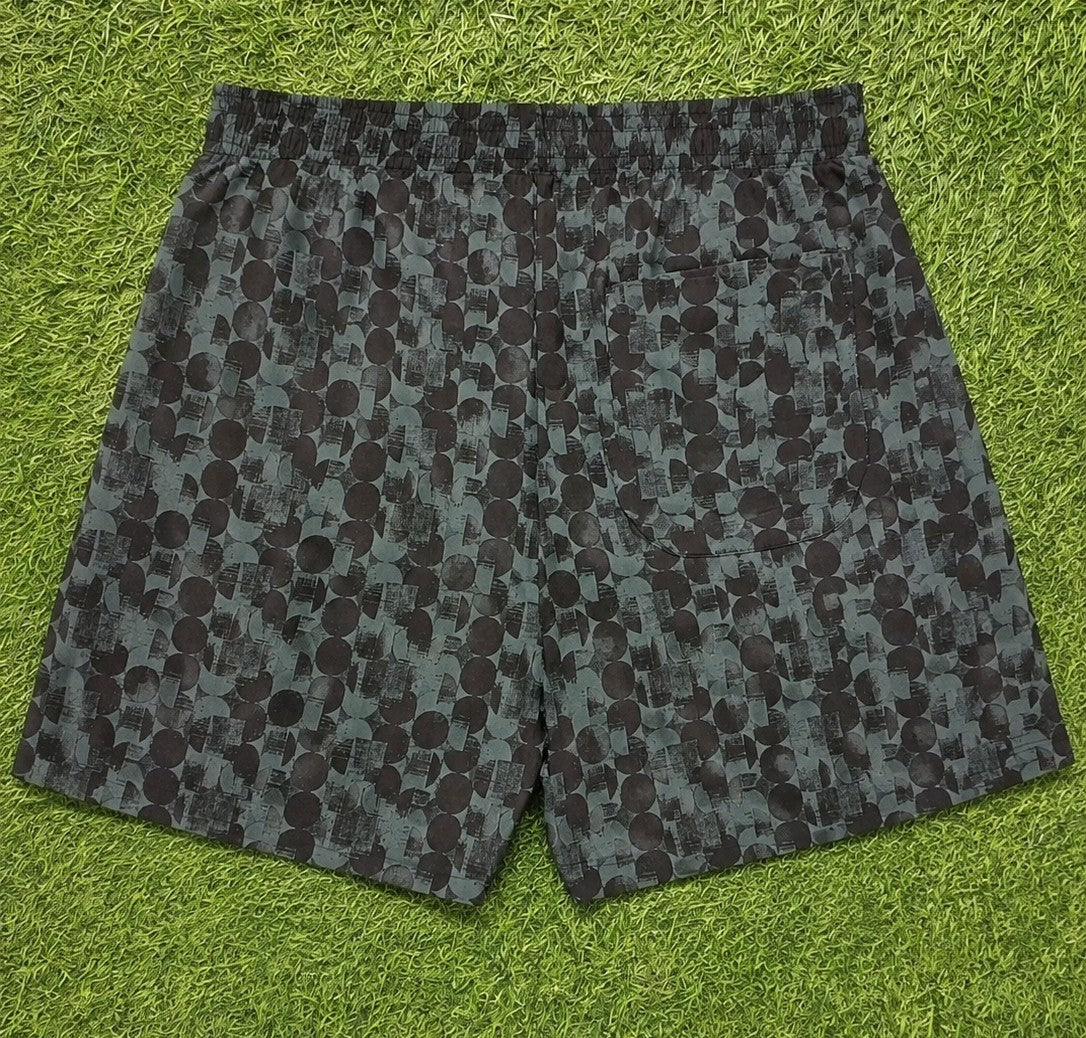 Men’s Sage Green & Dark Charcoal Abstract Printed Cotton Shorts with Elastic Waistband & Side Pockets