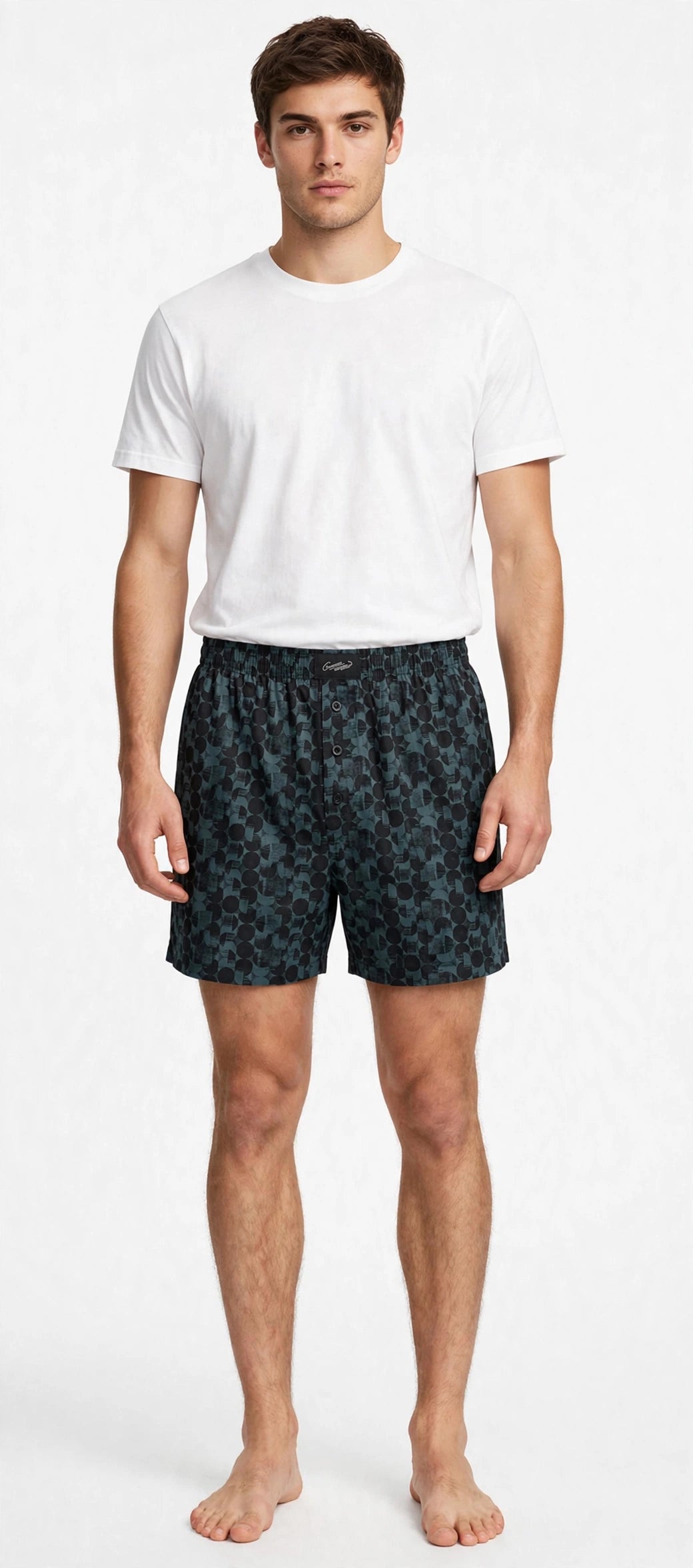 Men’s Sage Green & Dark Charcoal Abstract Printed Cotton Shorts with Elastic Waistband & Side Pockets