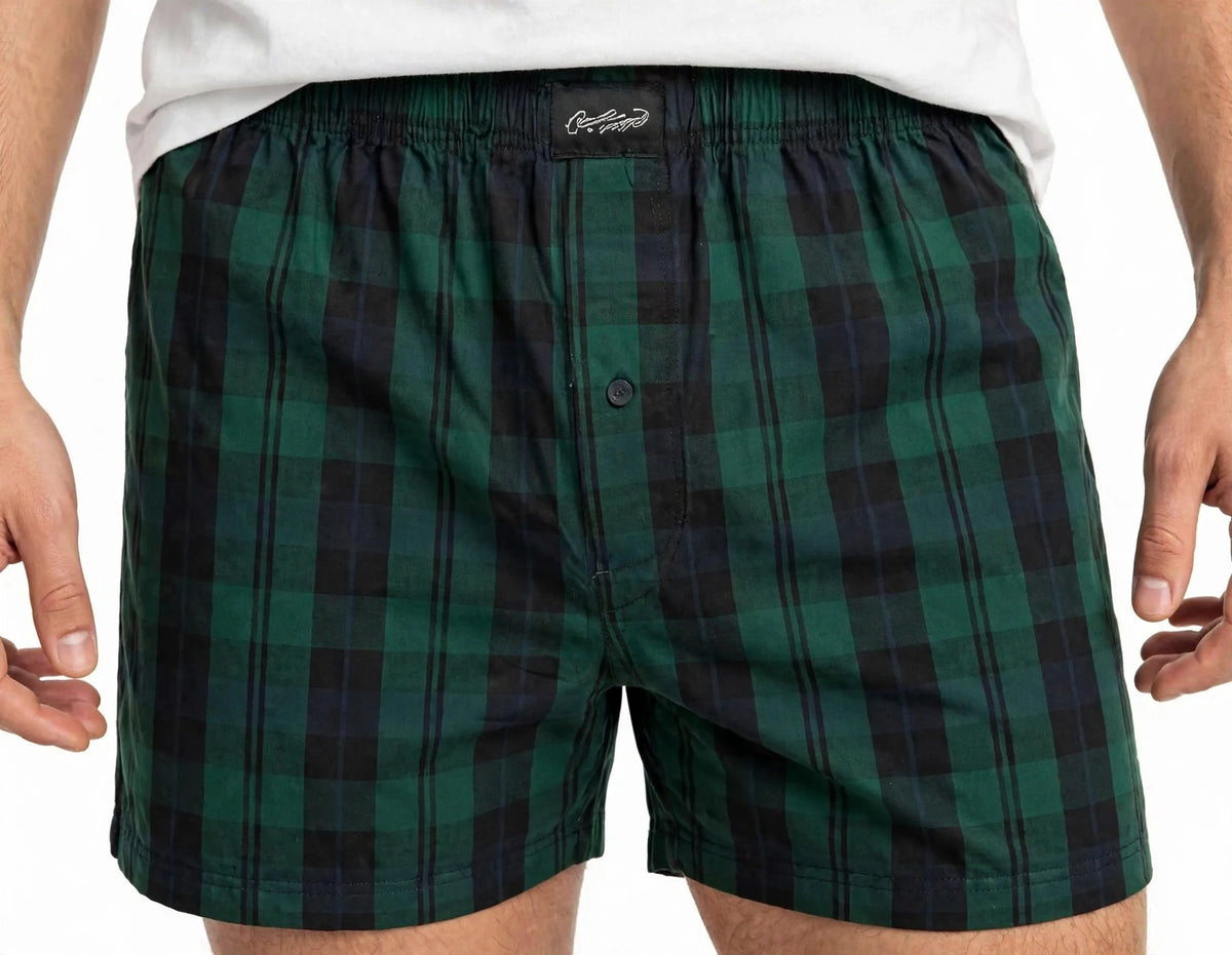 Men’s Bottle Green & Navy Blue Checked Cotton Shorts with Elastic Waistband & Side Pockets