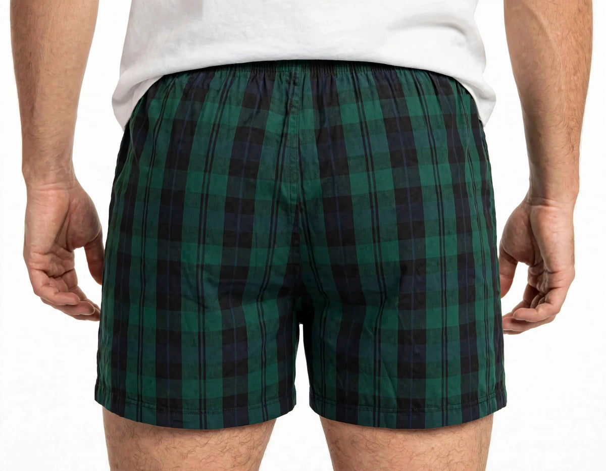 Men’s Bottle Green & Navy Blue Checked Cotton Shorts with Elastic Waistband & Side Pockets