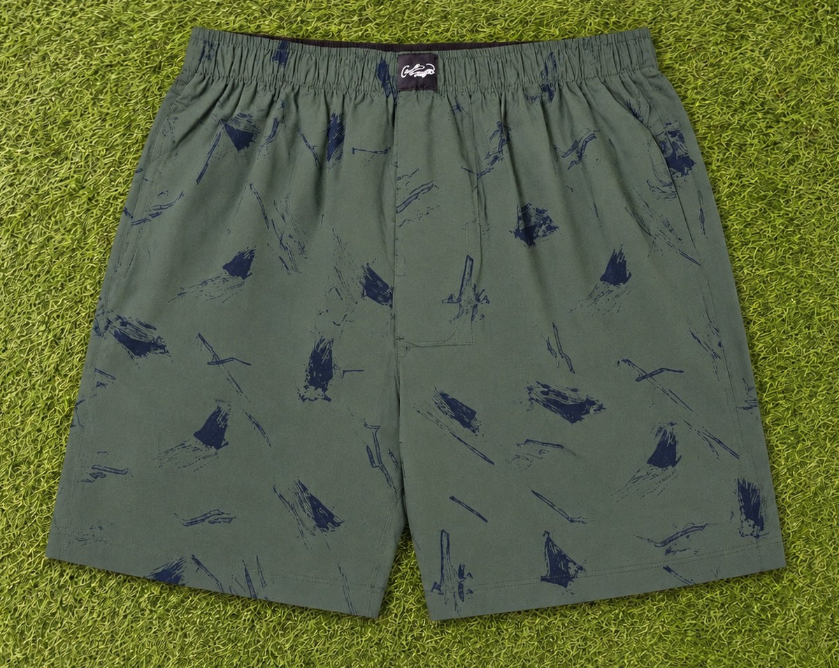 Men’s Teal Green Abstract Printed Cotton Shorts with Elastic Waistband & Side Pockets