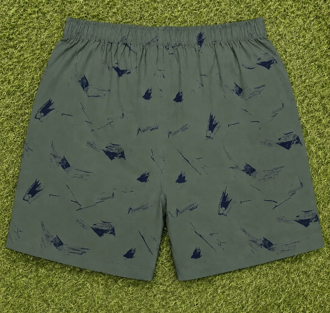 Men’s Teal Green Abstract Printed Cotton Shorts with Elastic Waistband & Side Pockets
