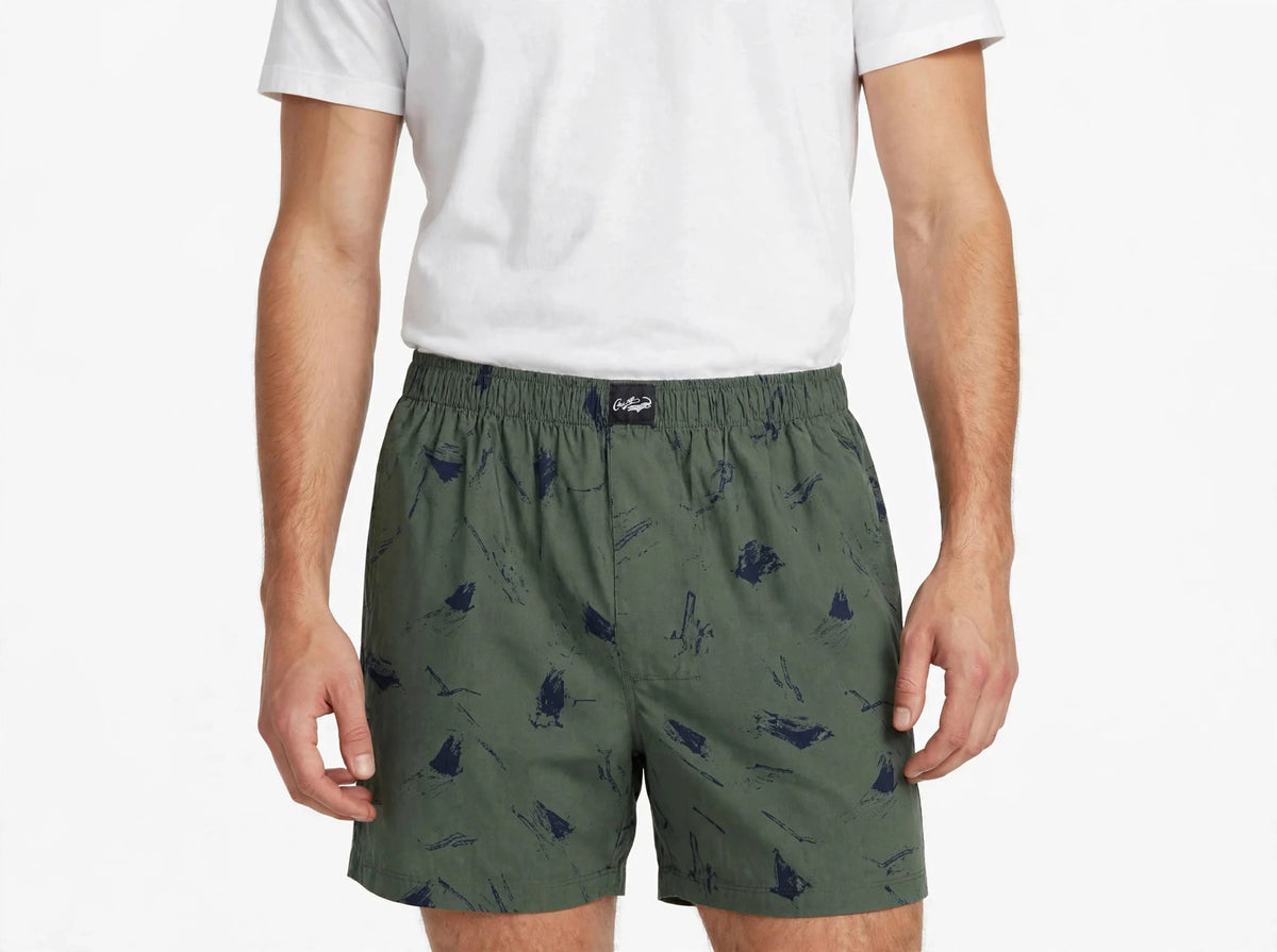 Men’s Teal Green Abstract Printed Cotton Shorts with Elastic Waistband & Side Pockets