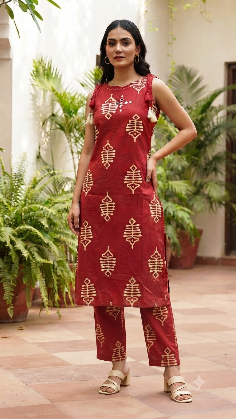 Elegant Maroon and Off-White Abstract Motif Cotton Sleeveless 2-Piece Kurti Set