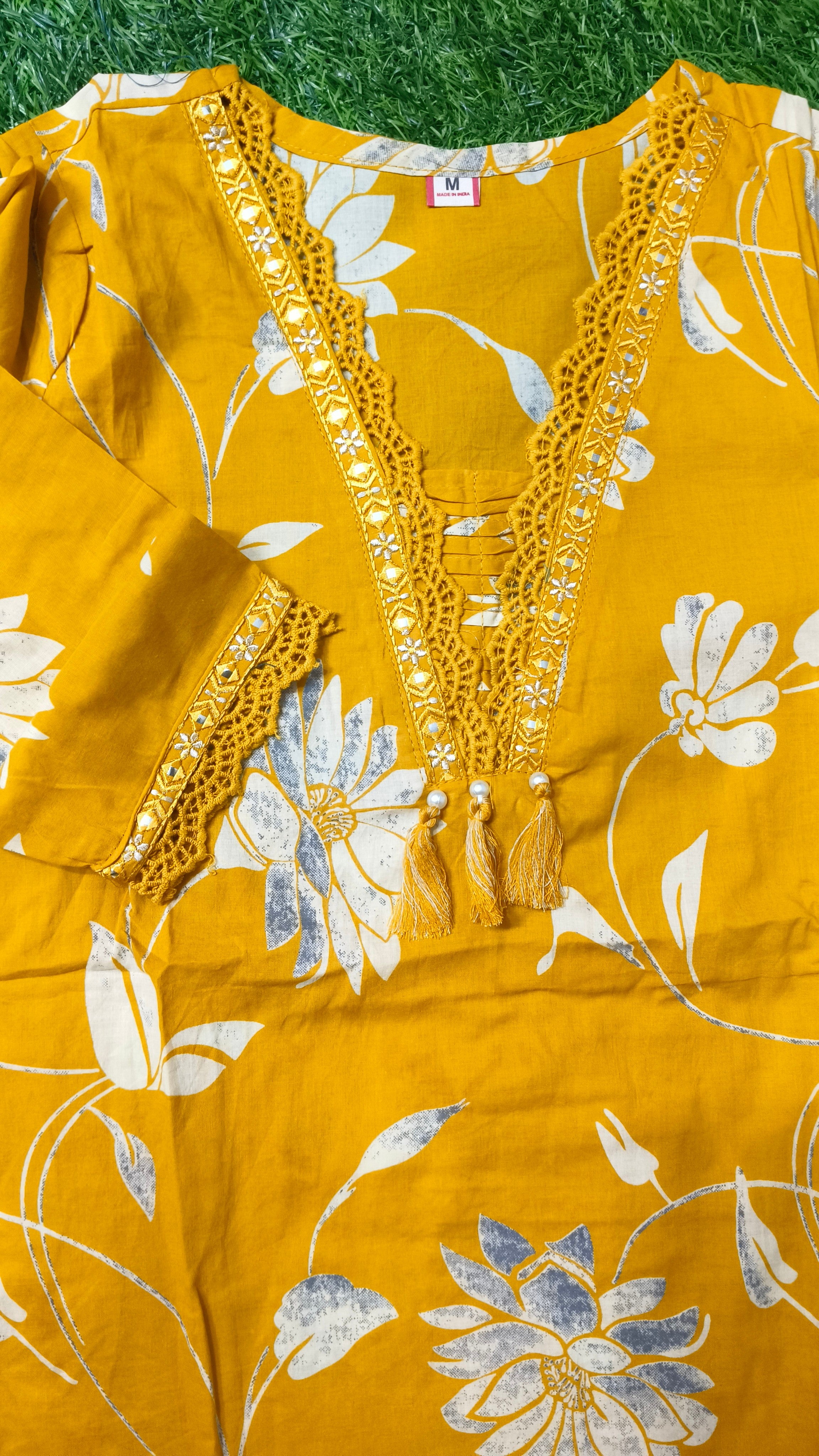 Elegant Mustard Yellow Floral Print Cotton 2-Piece Kurti Set