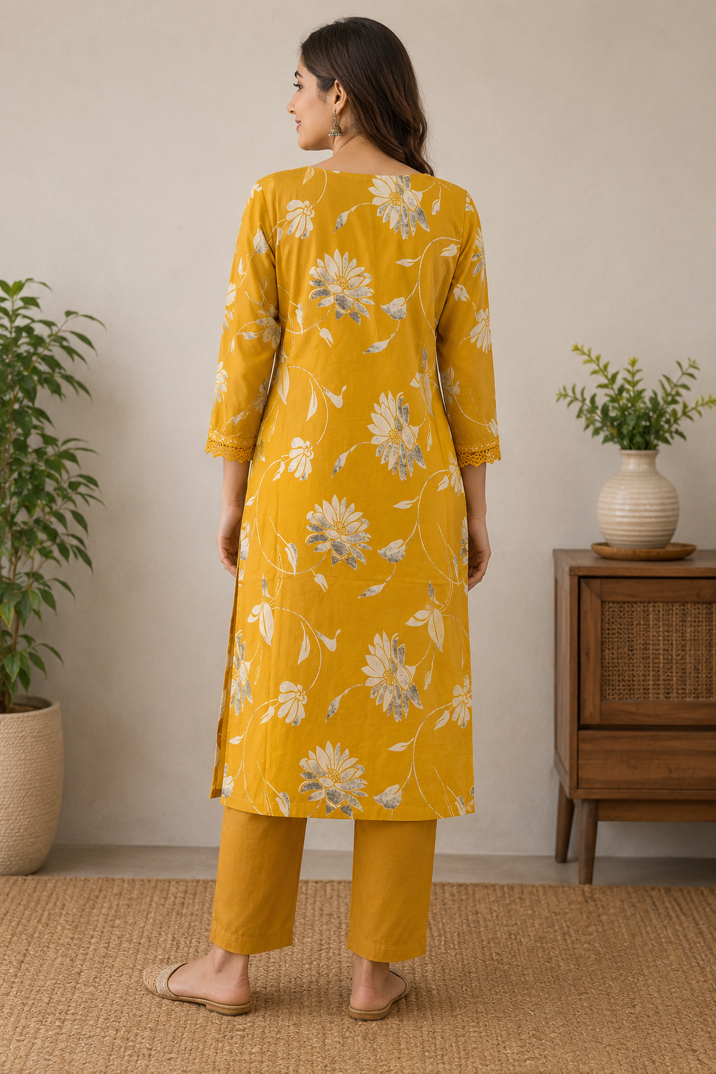 Elegant Mustard Yellow Floral Print Cotton 2-Piece Kurti Set
