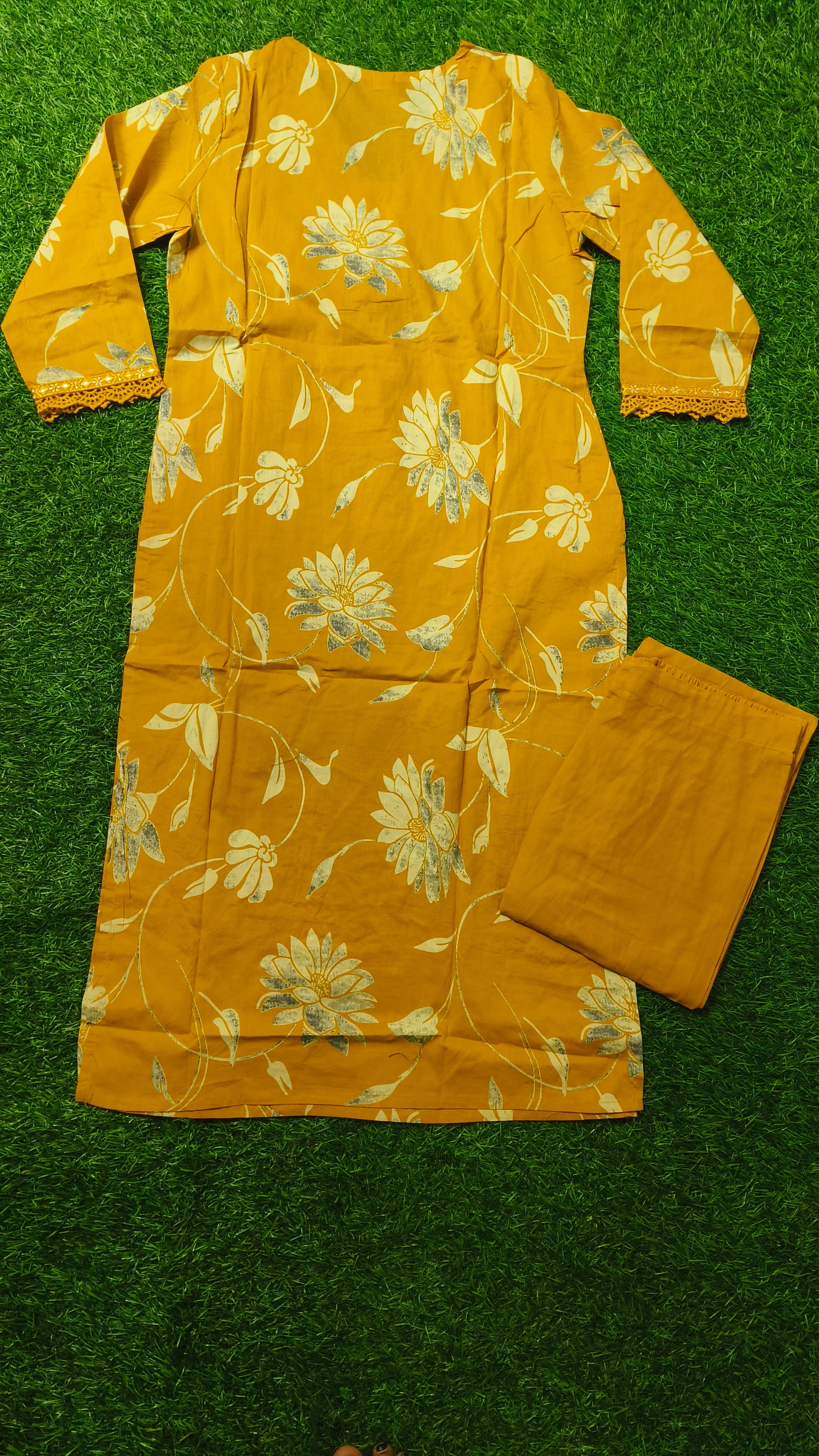 Elegant Mustard Yellow Floral Print Cotton 2-Piece Kurti Set