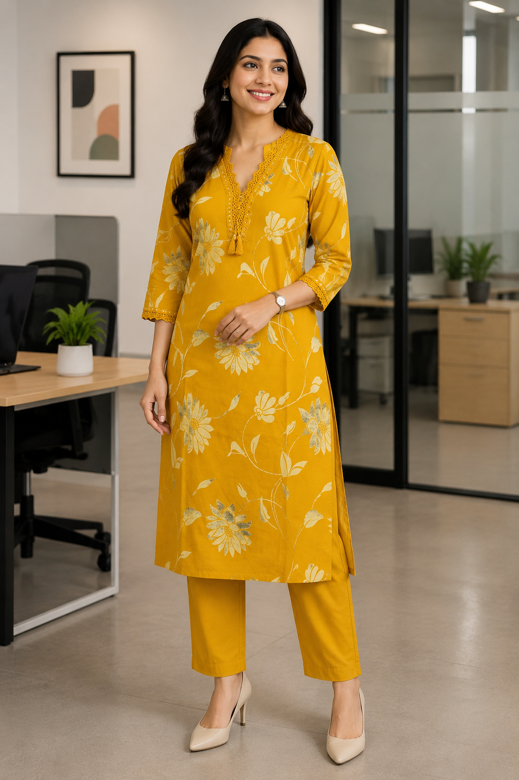 Elegant Mustard Yellow Floral Print Cotton 2-Piece Kurti Set
