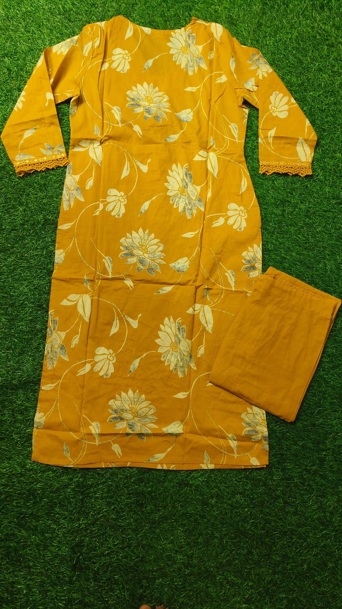 Elegant Mustard Yellow Floral Print Cotton 2-Piece Kurti Set
