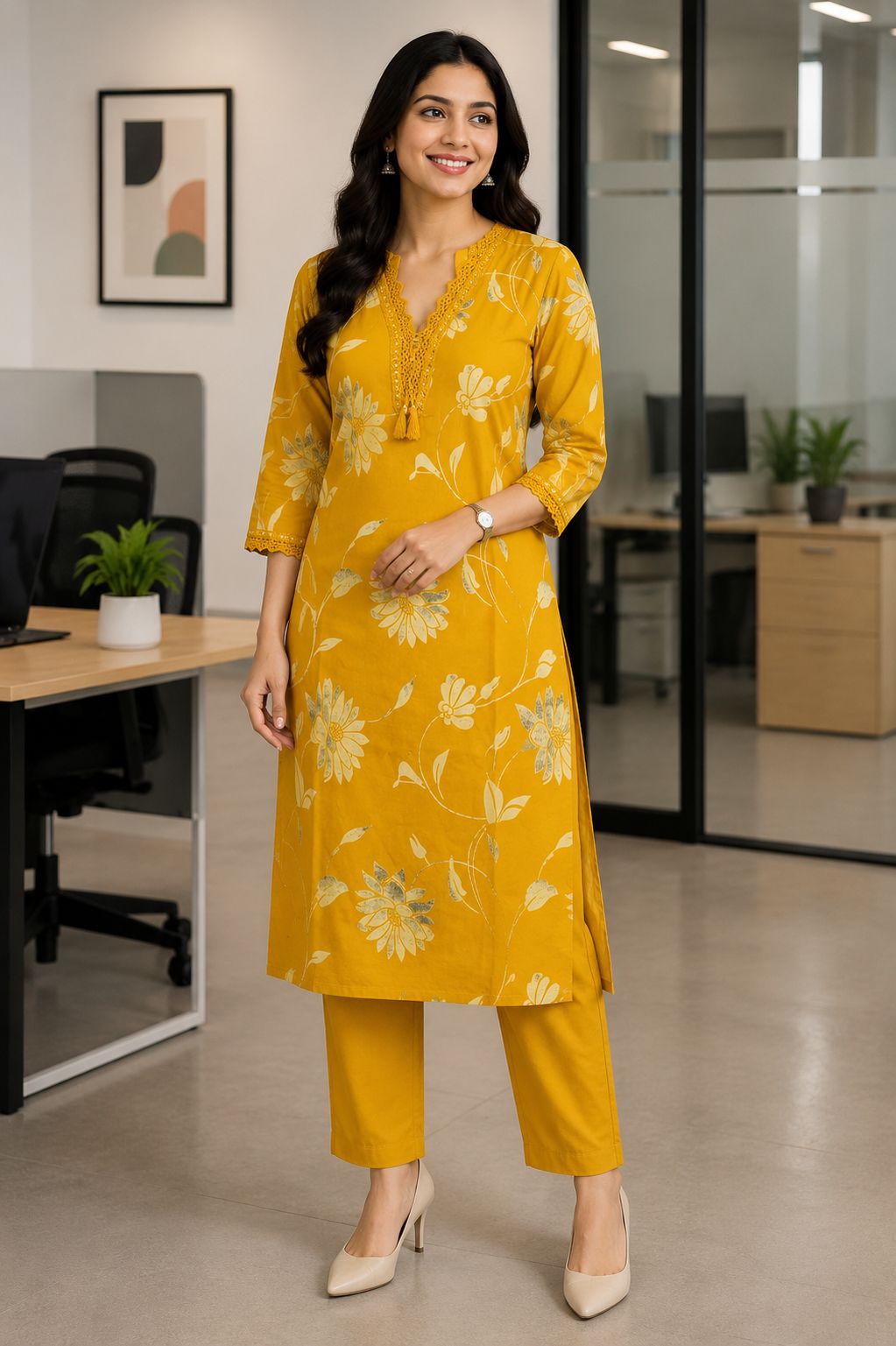 Elegant Mustard Yellow Floral Print Cotton 2-Piece Kurti Set