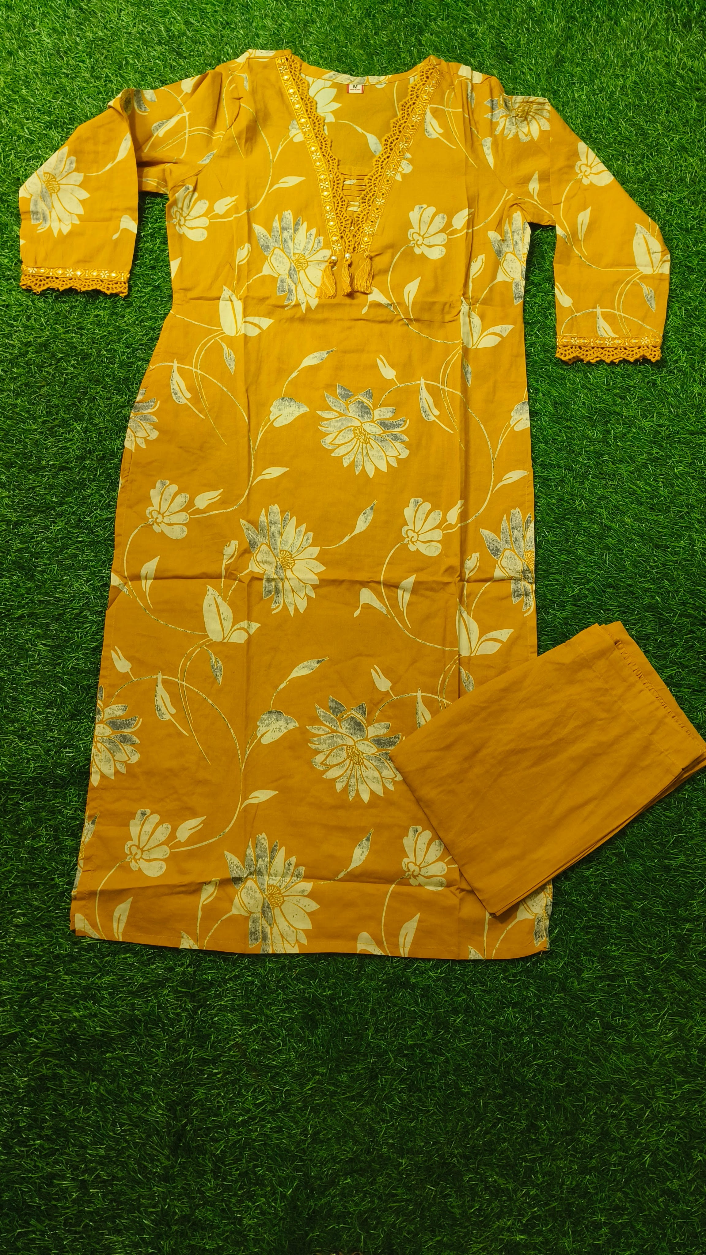 Elegant Mustard Yellow Floral Print Cotton 2-Piece Kurti Set