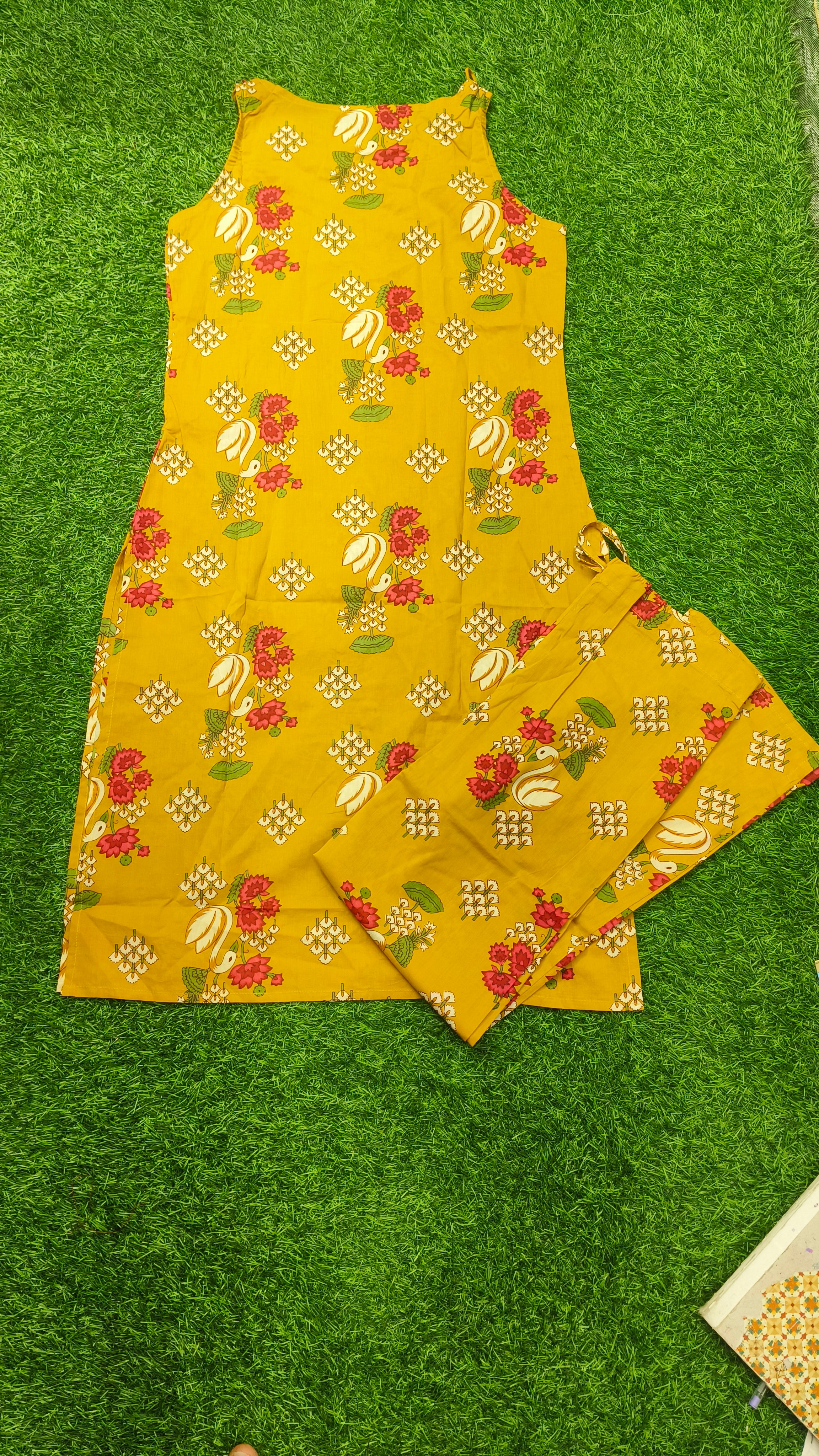 Vibrant Mustard Yellow Floral Print Cotton 2-Piece Kurti Set