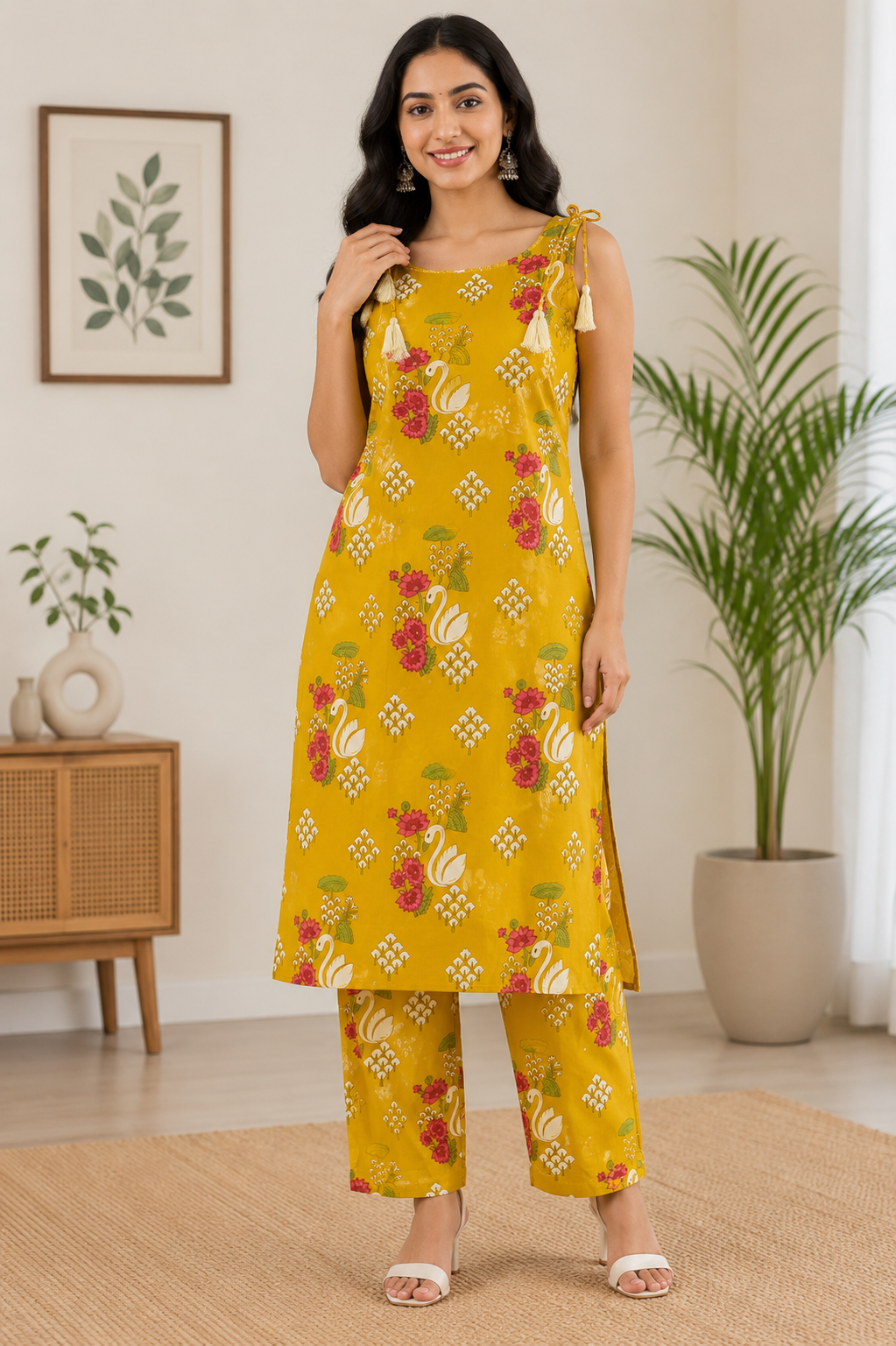 Vibrant Mustard Yellow Floral Print Cotton 2-Piece Kurti Set