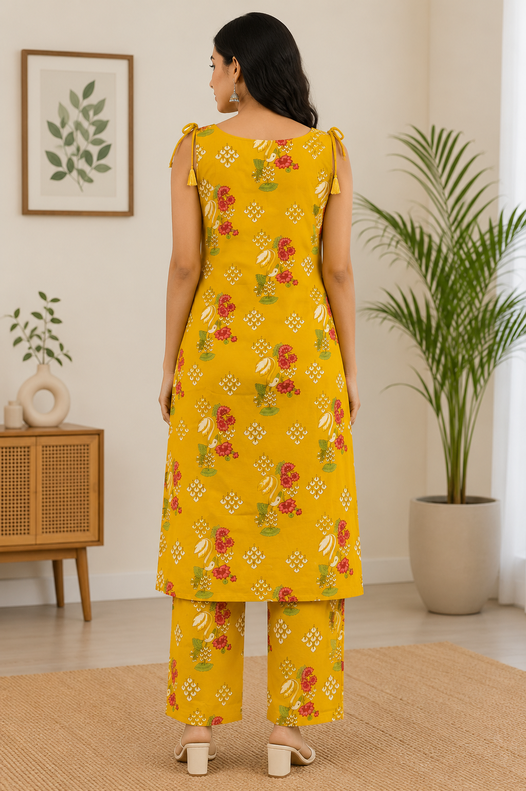 Vibrant Mustard Yellow Floral Print Cotton 2-Piece Kurti Set