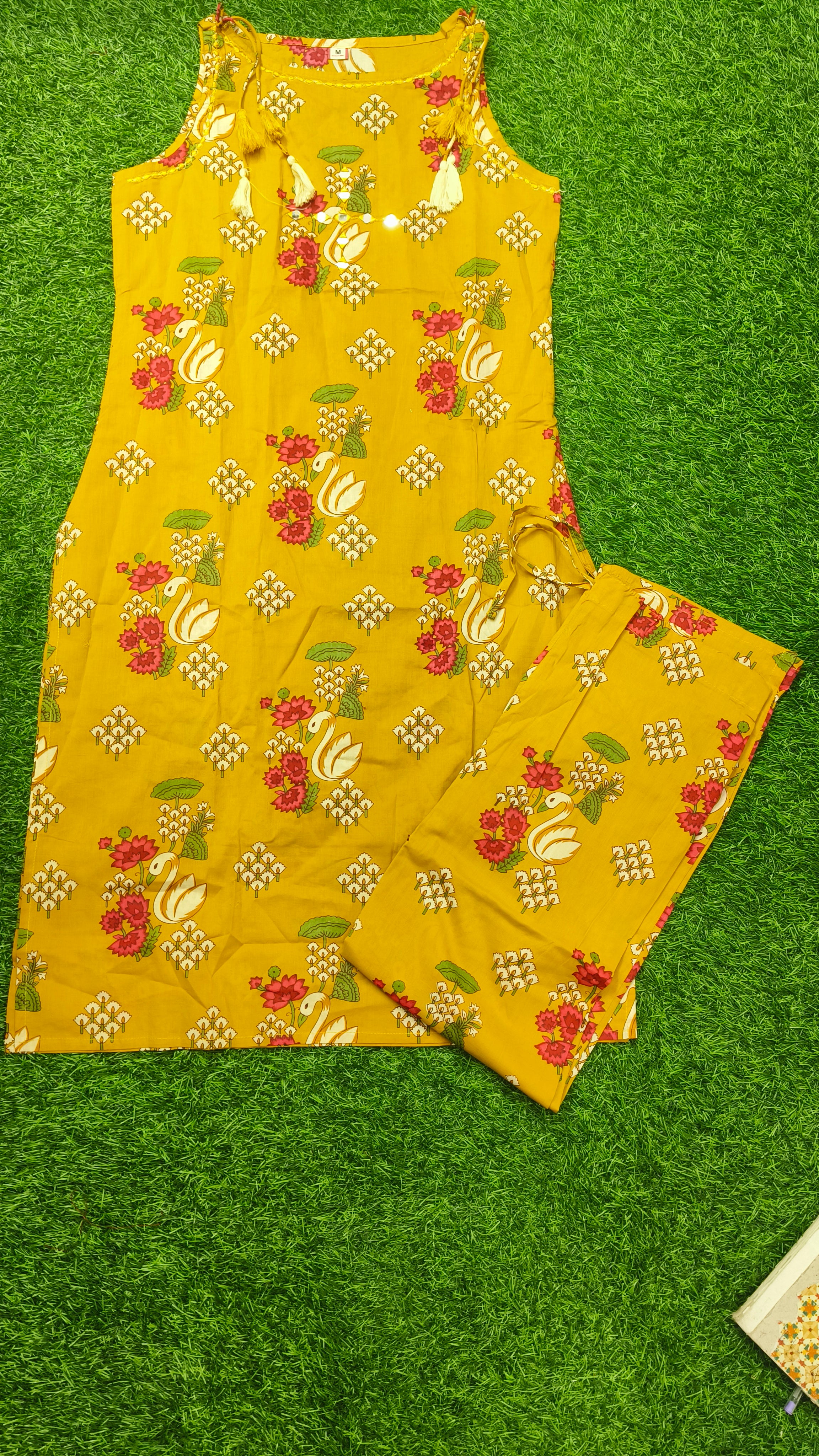 Vibrant Mustard Yellow Floral Print Cotton 2-Piece Kurti Set