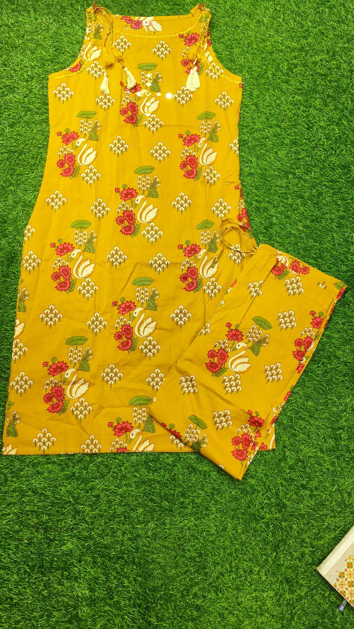 Vibrant Mustard Yellow Floral Print Cotton 2-Piece Kurti Set