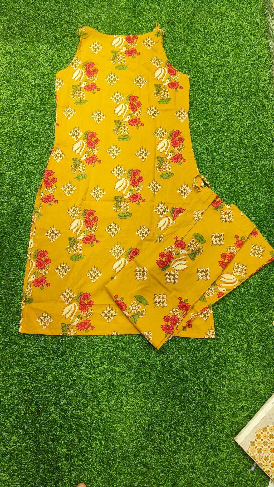 Vibrant Mustard Yellow Floral Print Cotton 2-Piece Kurti Set