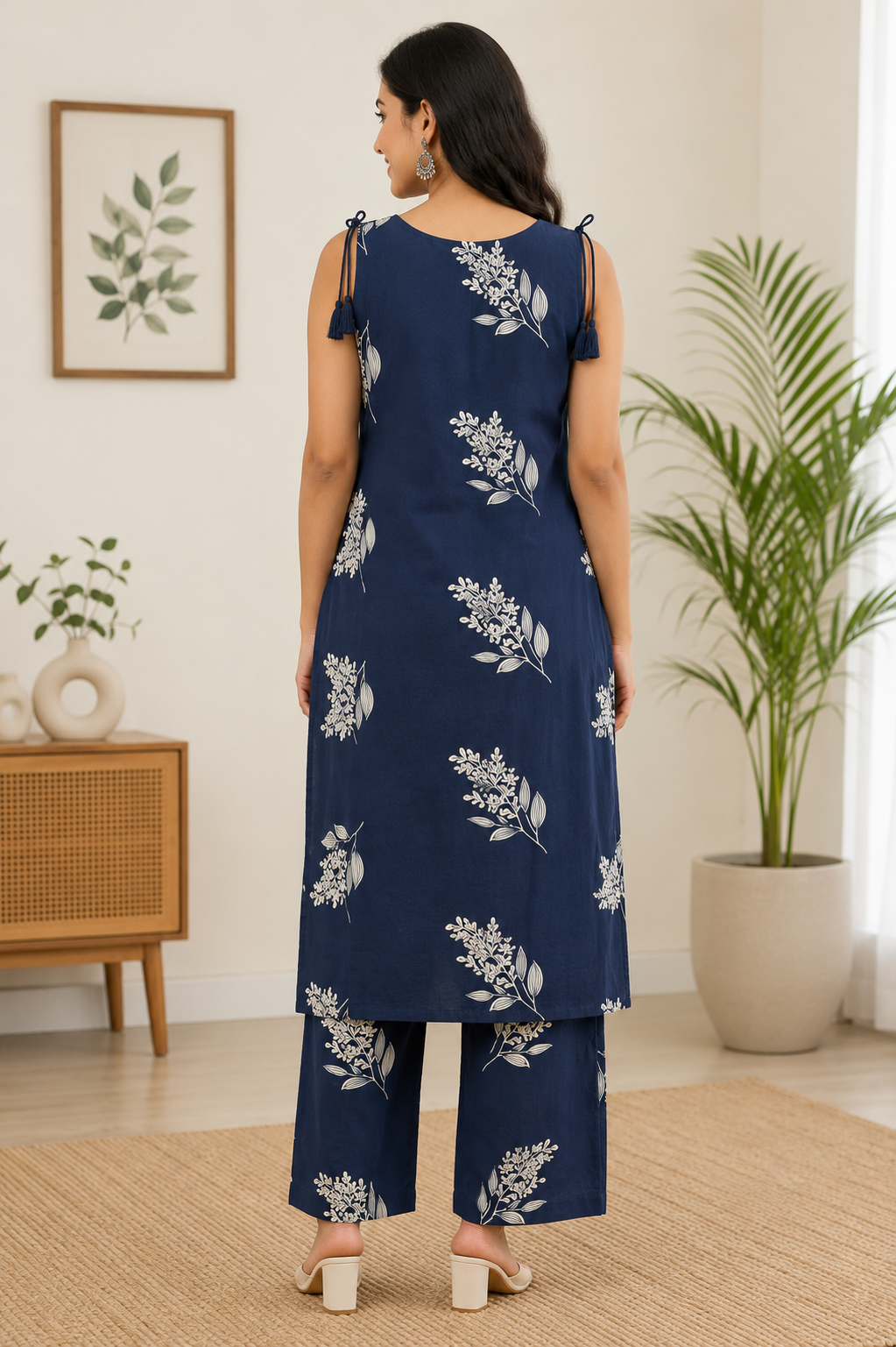 Elegant Navy Blue and Off-White Floral Print Cotton 2-Piece Co-ord Set