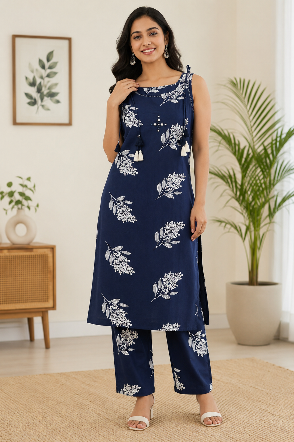 Elegant Navy Blue and Off-White Floral Print Cotton 2-Piece Co-ord Set