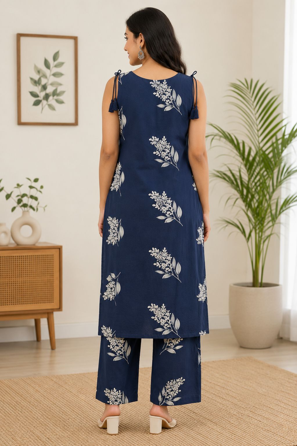 Elegant Navy Blue and Off-White Floral Print Cotton 2-Piece Co-ord Set