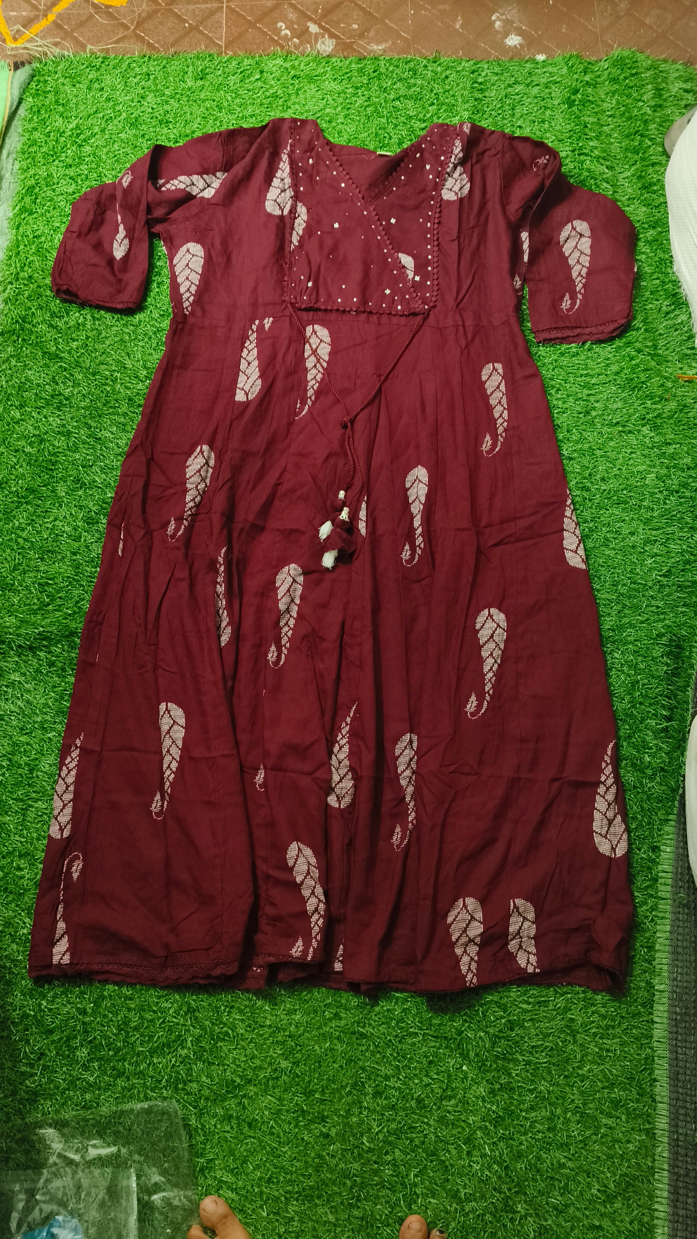 Elegant Maroon Printed Single Piece Kurti with Adjustable Waist Tie
