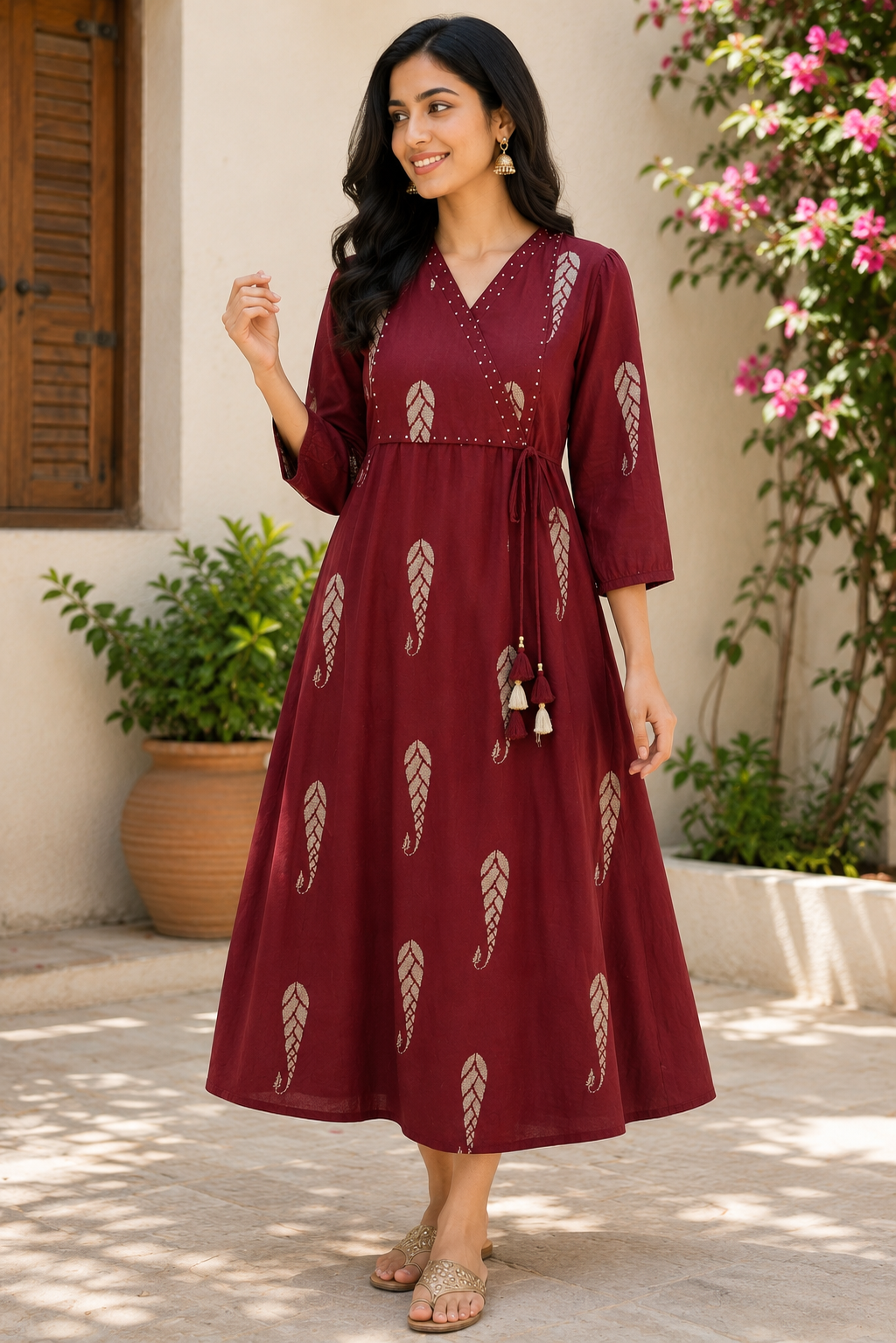 Elegant Maroon Printed Single Piece Kurti with Adjustable Waist Tie