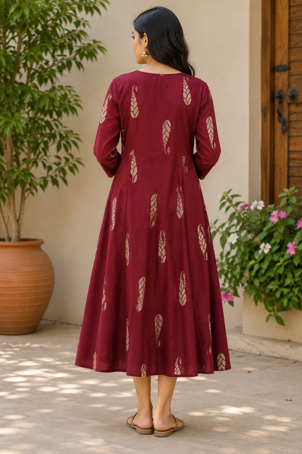 Elegant Maroon Printed Single Piece Kurti with Adjustable Waist Tie