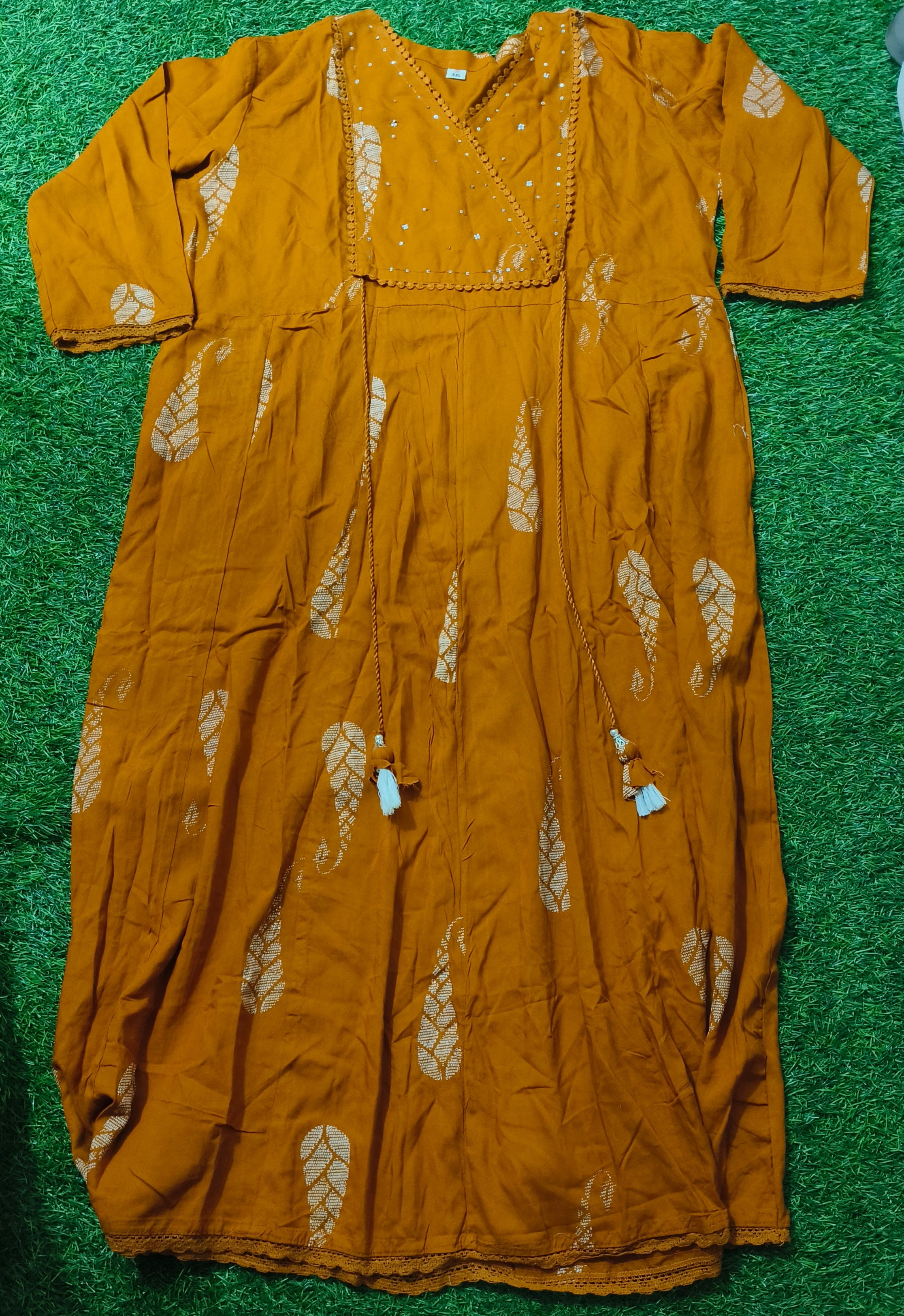 Elegant Mustard Yellow Printed Single Piece Kurti with Adjustable Waist Tie