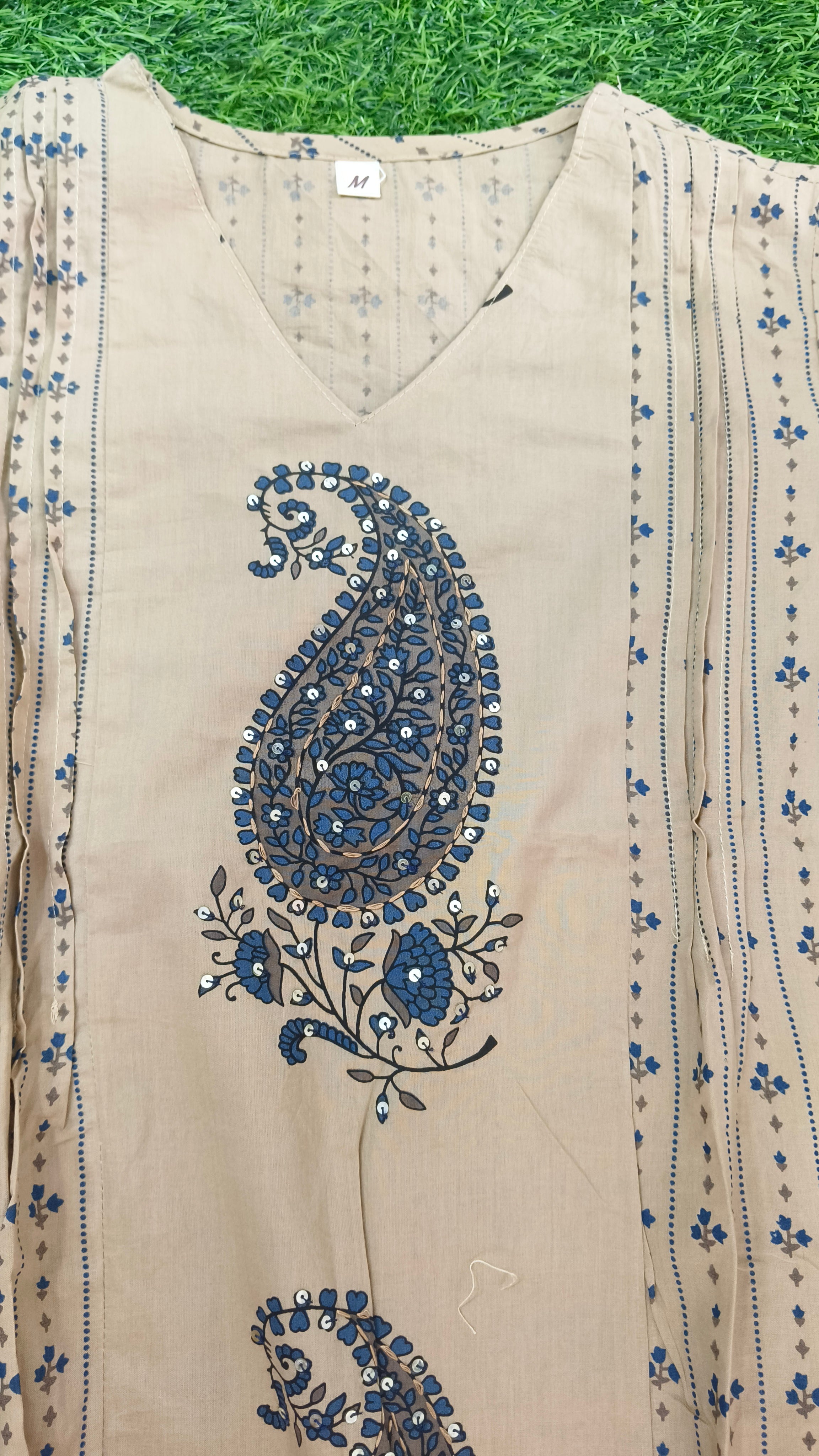 Elegant Beige and Blue Printed Cotton 2-Piece Kurti Set