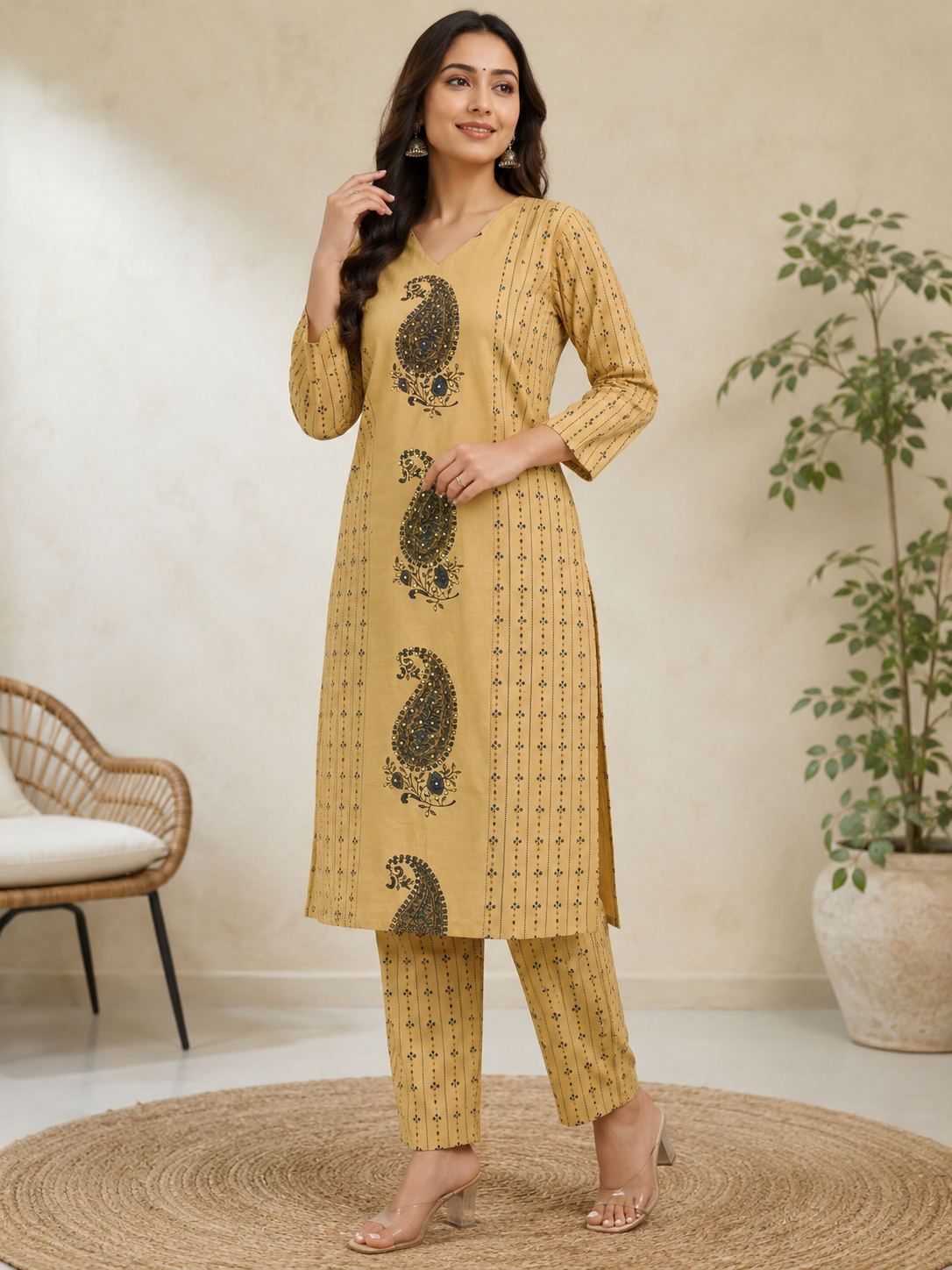 Elegant Beige and Blue Printed Cotton 2-Piece Kurti Set