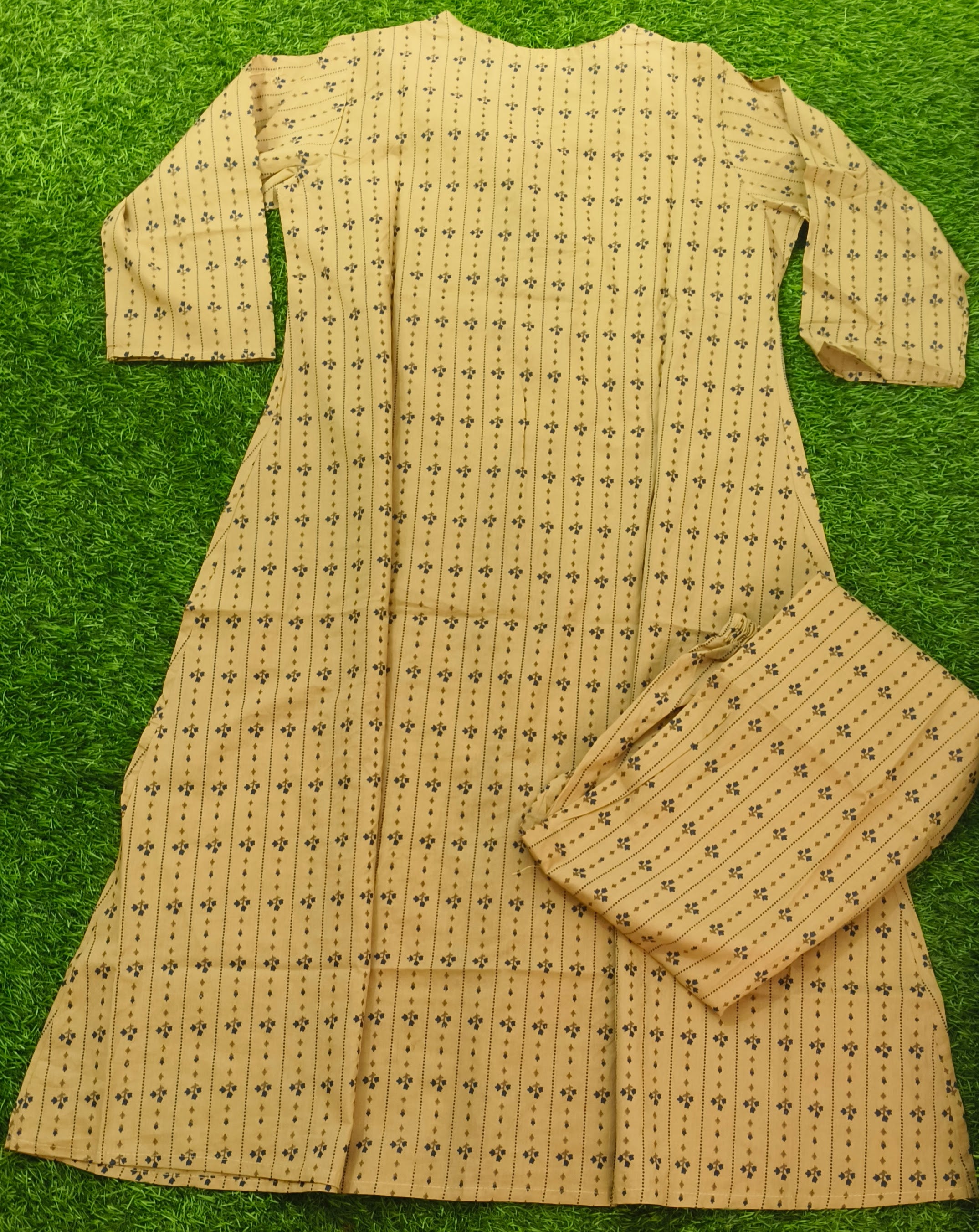Elegant Beige and Blue Printed Cotton 2-Piece Kurti Set