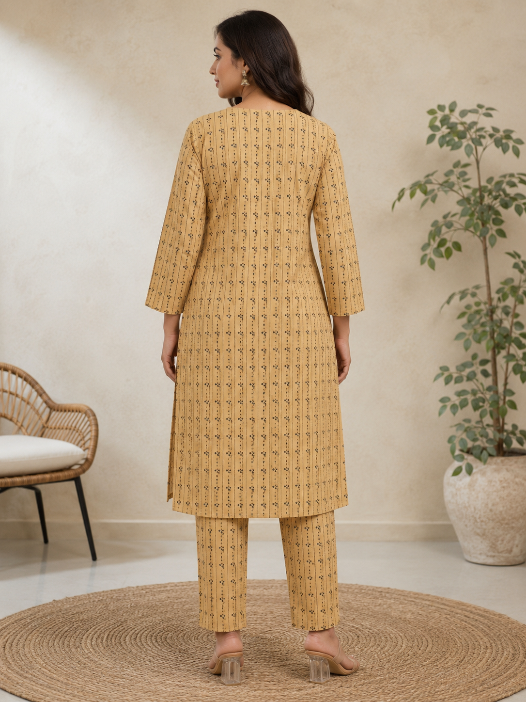 Elegant Beige and Blue Printed Cotton 2-Piece Kurti Set
